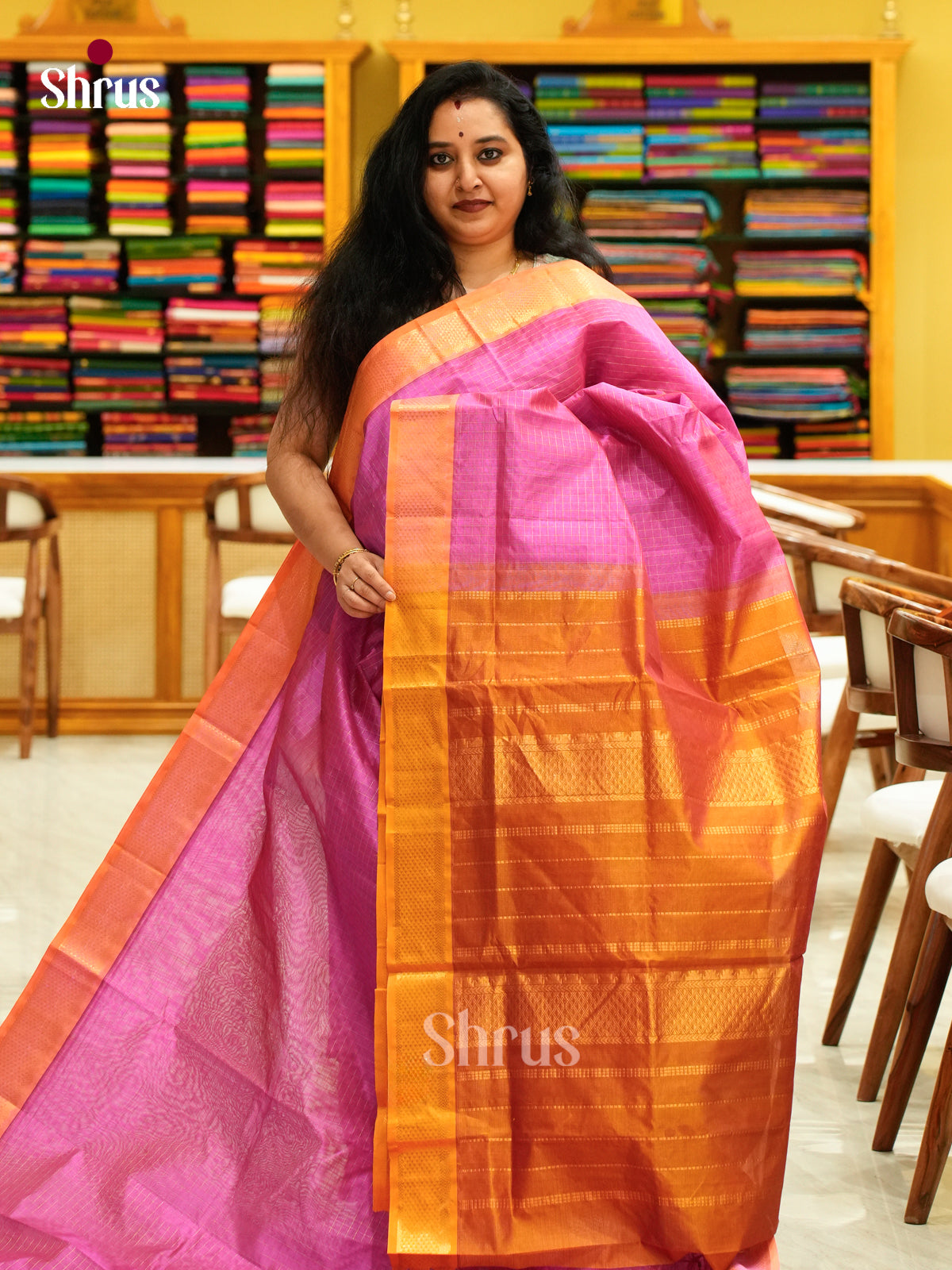 Pink Silk Cotton Saree with Checks | Mustard Contrast Border