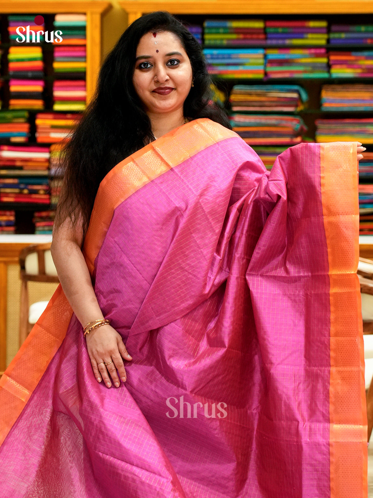 Pink Silk Cotton Saree with Checks | Mustard Contrast Border