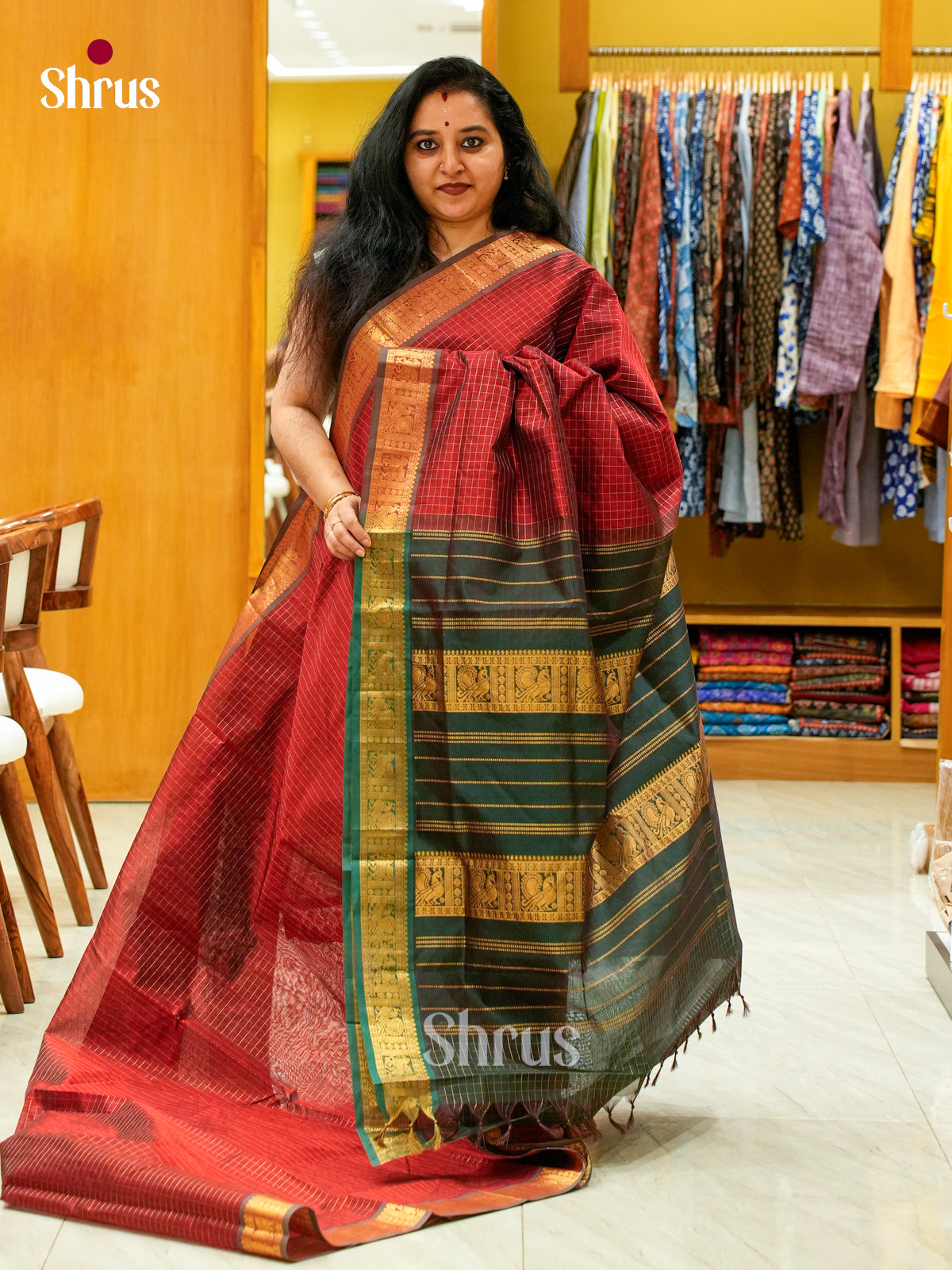 Maroon Silk Cotton Saree with Checks | Dark Green Contrast Border