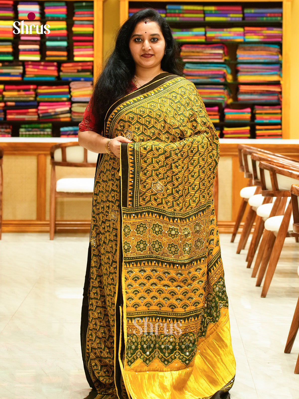 Lemon Yellow Modal Silk Saree — Ajrakh Hand Block Print - Shop on Shrus.com