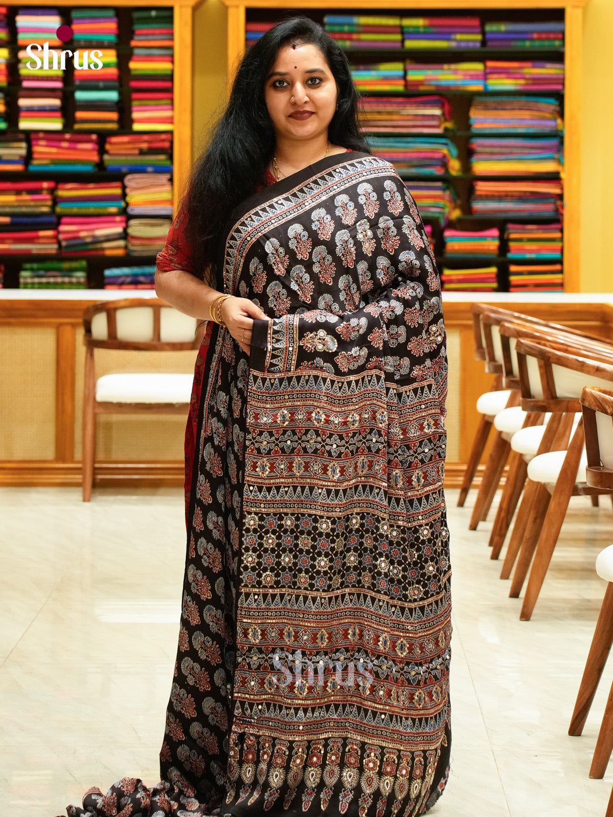 Black Modal Silk Saree — Ajrakh Hand Block Print — Gotta Patti Border