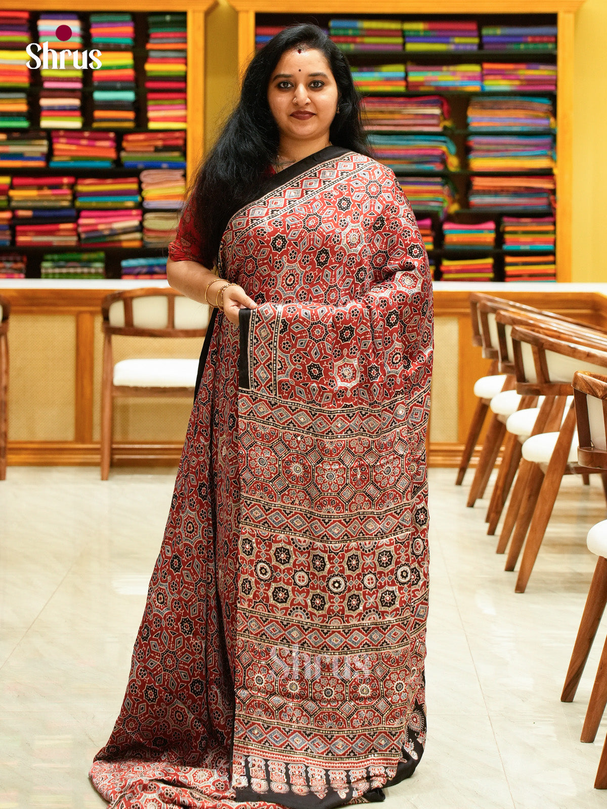 Red Modal Silk Saree — Ajrakh Hand Block Print — EGS01041