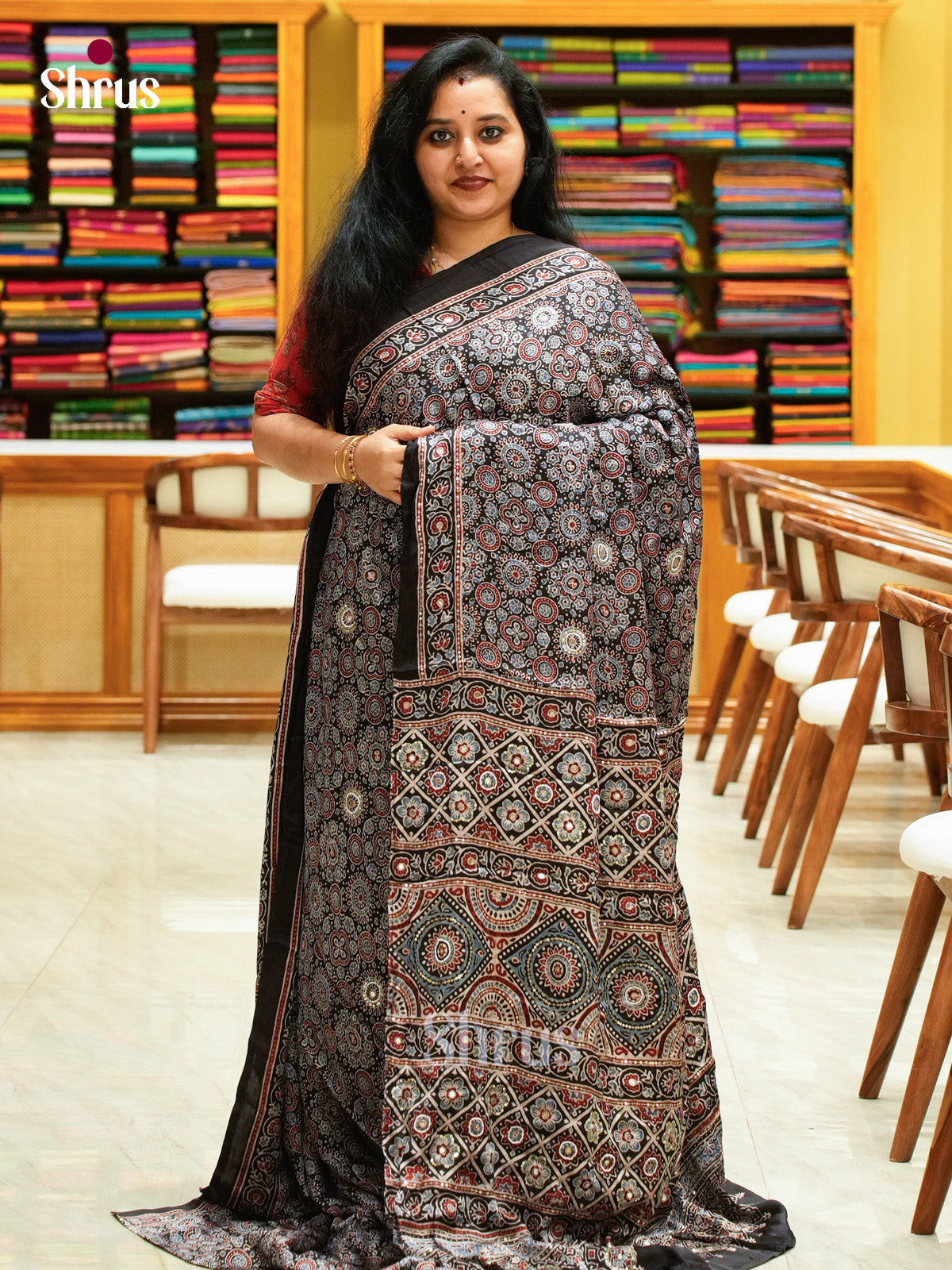 Black Modal Silk Saree — Ajrakh Hand Block Print — EGS01044 - Shop on Shrus.com