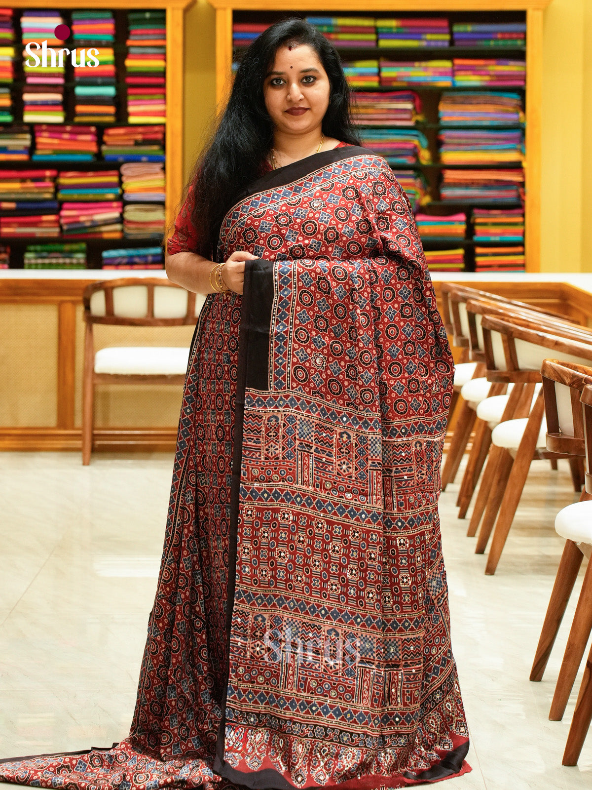 Red Modal Silk Saree — Ajrakh Hand Block Print — EGS01046 - Shop on Shrus.com