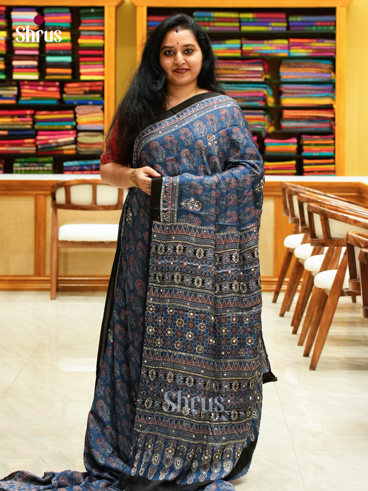 Blue Modal Silk Saree — Ajrakh Hand Block Print — Gotta Patti Border