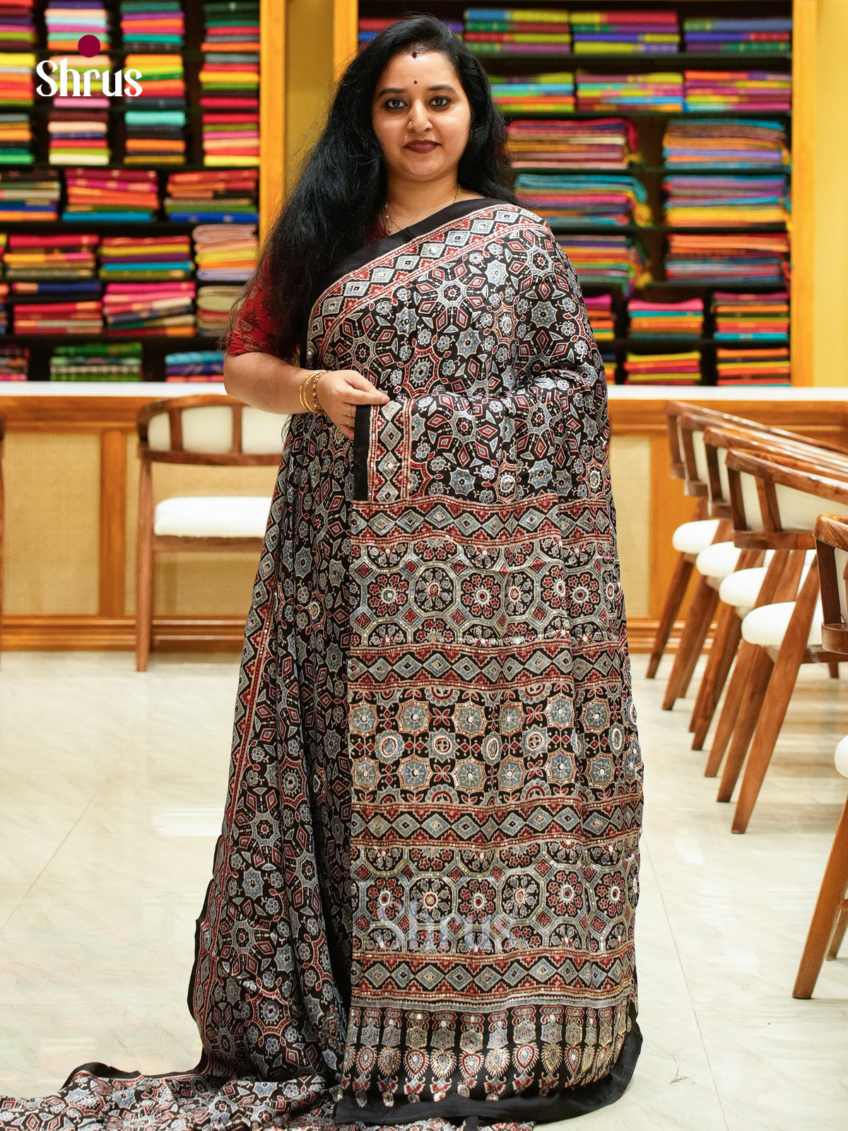 Black Modal Silk Saree — Ajrakh Hand Block Print — EGS01055