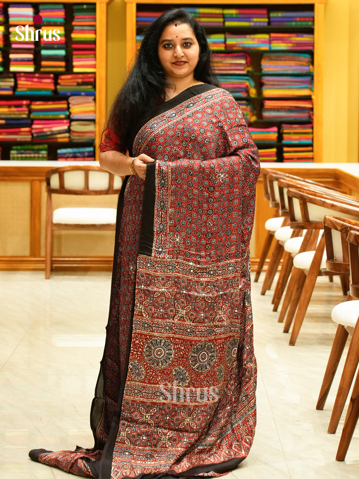 Dark Red Modal Silk Saree — Ajrakh Hand Block Print