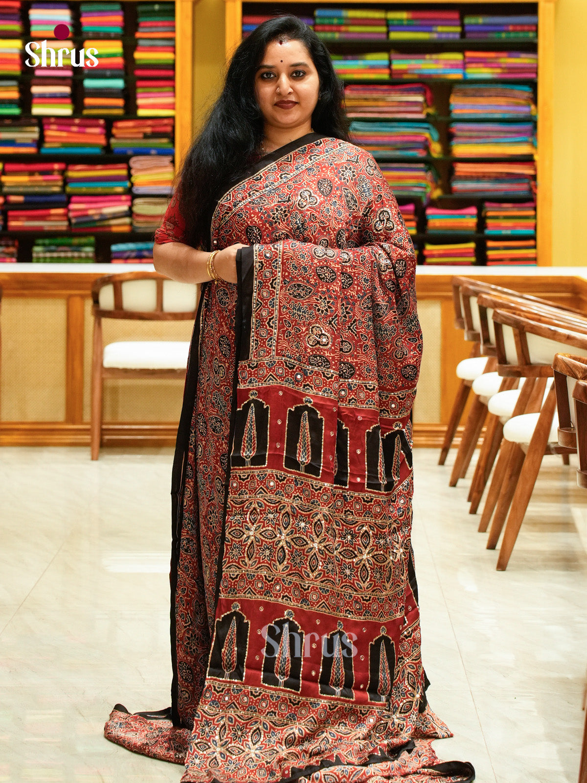 Red Modal Silk Saree — Ajrakh Hand Block Print — EGS01057