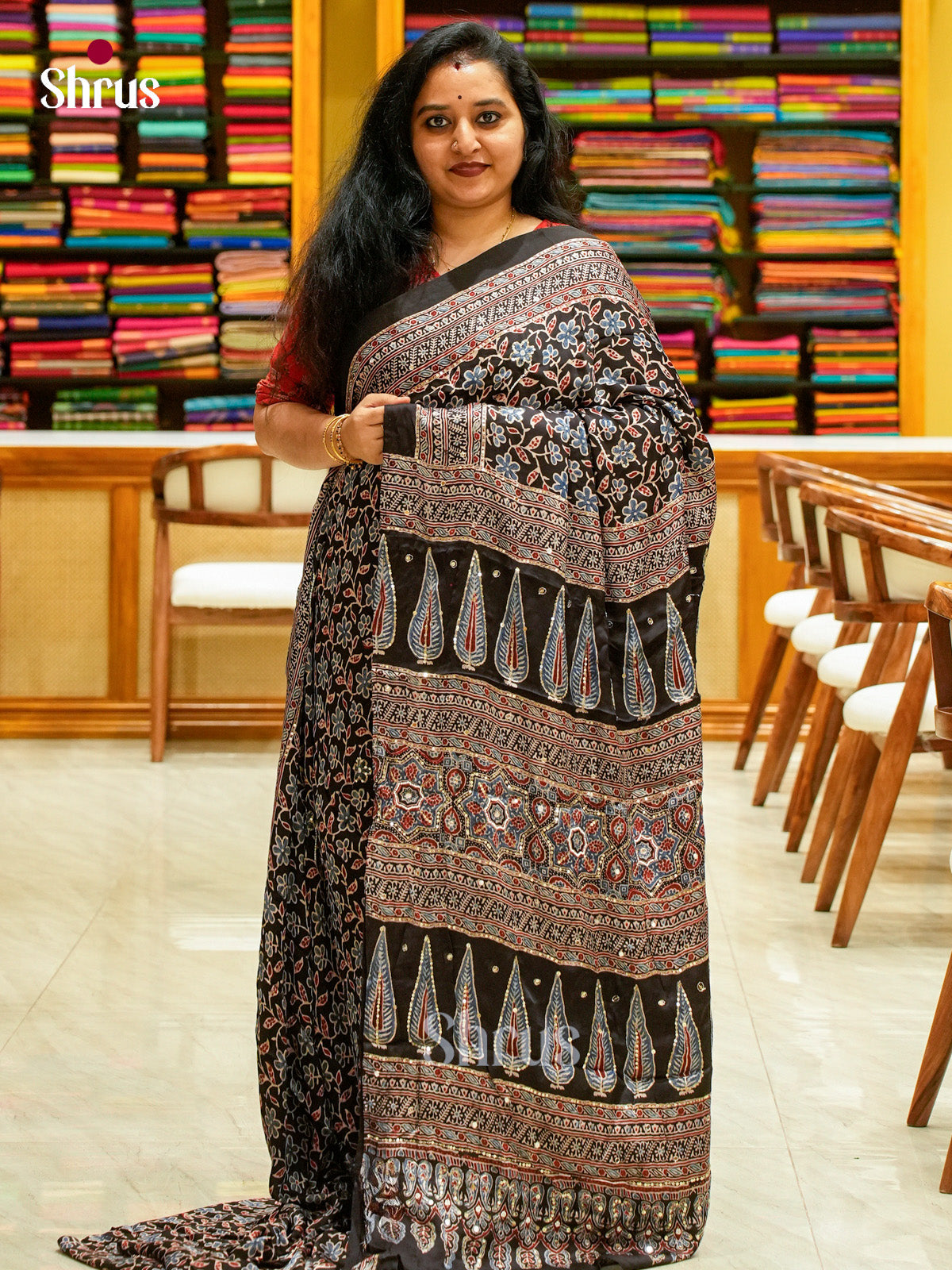 Black Modal Silk Saree — Ajrakh Hand Block Print — EGS01061