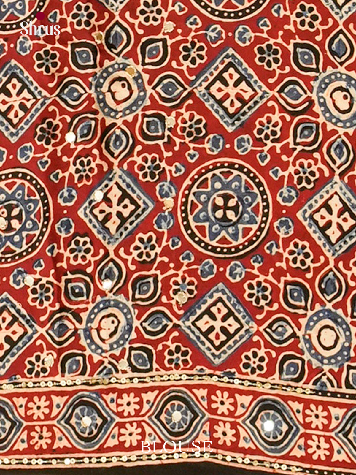 Maroon Modal Silk Saree — Ajrakh Hand Block Print — Gotta Patti Border - Shop on Shrus.com