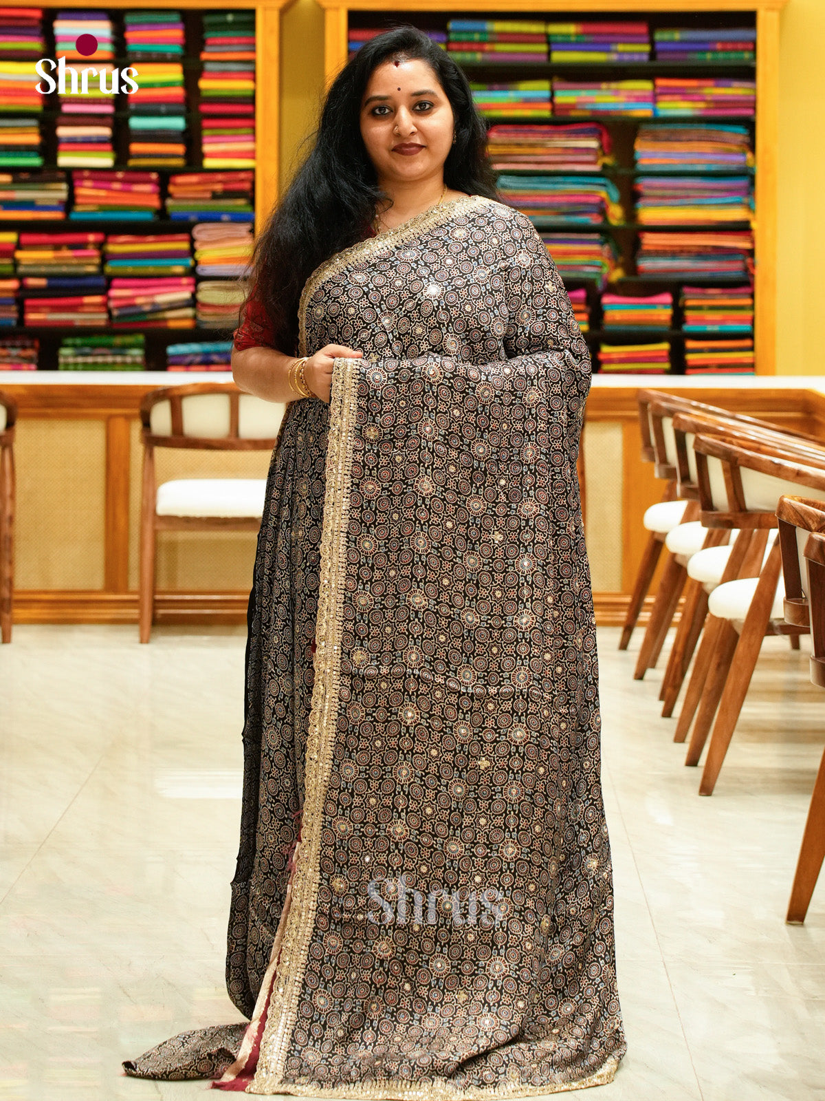Black Modal Silk Saree — Ajrakh Hand Block Print — EGS01067 - Shop on Shrus.com