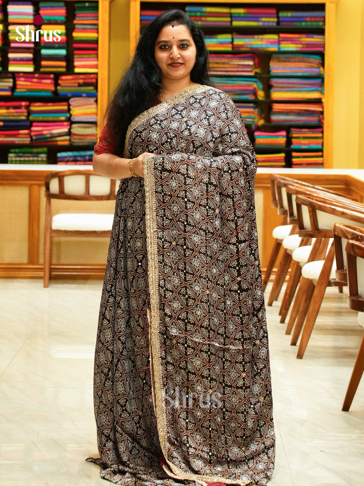 Black Modal Silk Saree — Ajrakh Hand Block Print — EGS01072 - Shop on Shrus.com