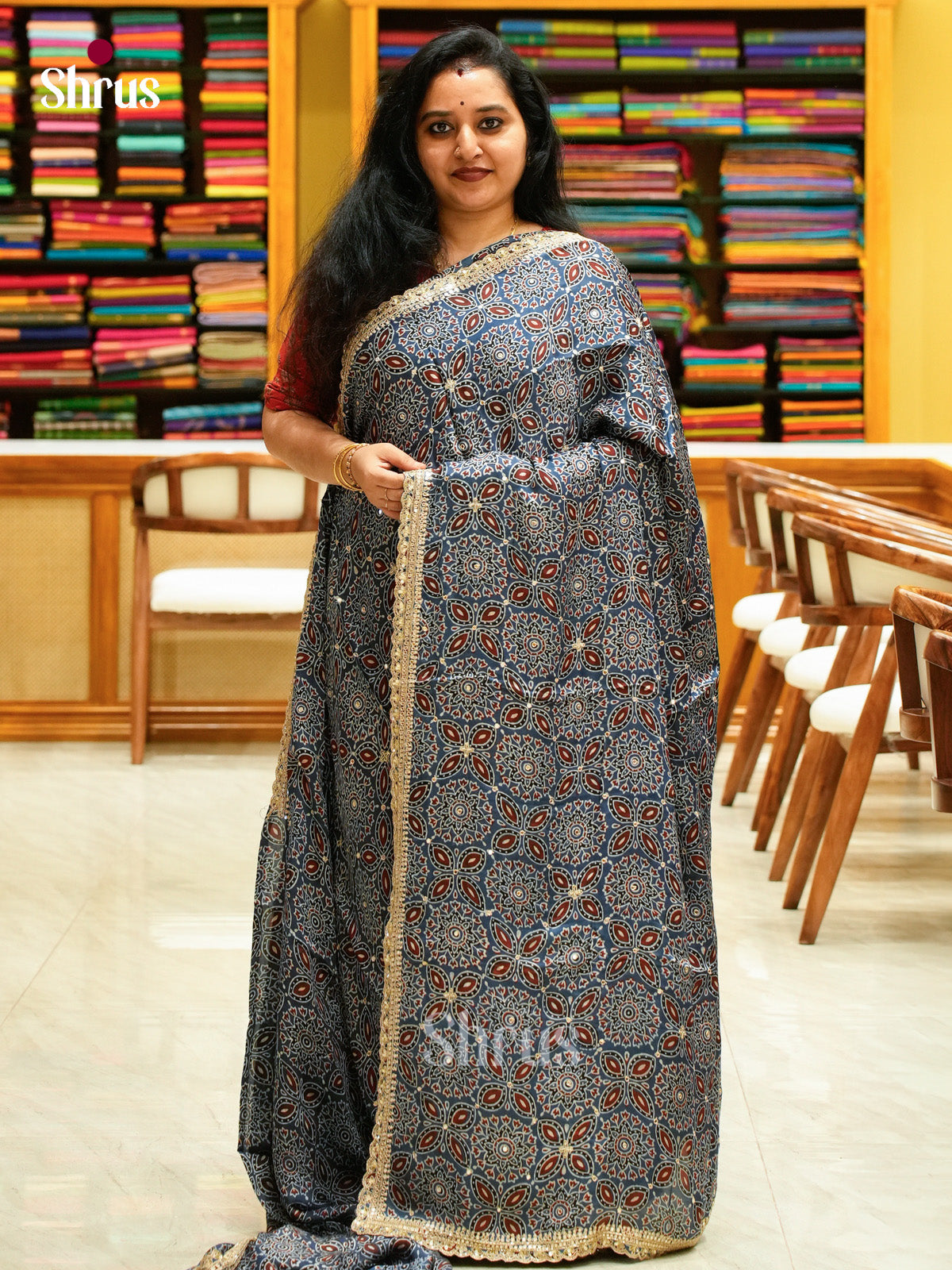 Blue Modal Silk Saree — Ajrakh Hand Block Print — EGS01076