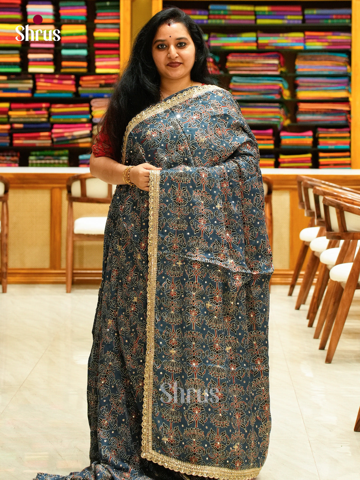 Blue Modal Silk Saree — Ajrakh Hand Block Print — EGS01078 - Shop on Shrus.com