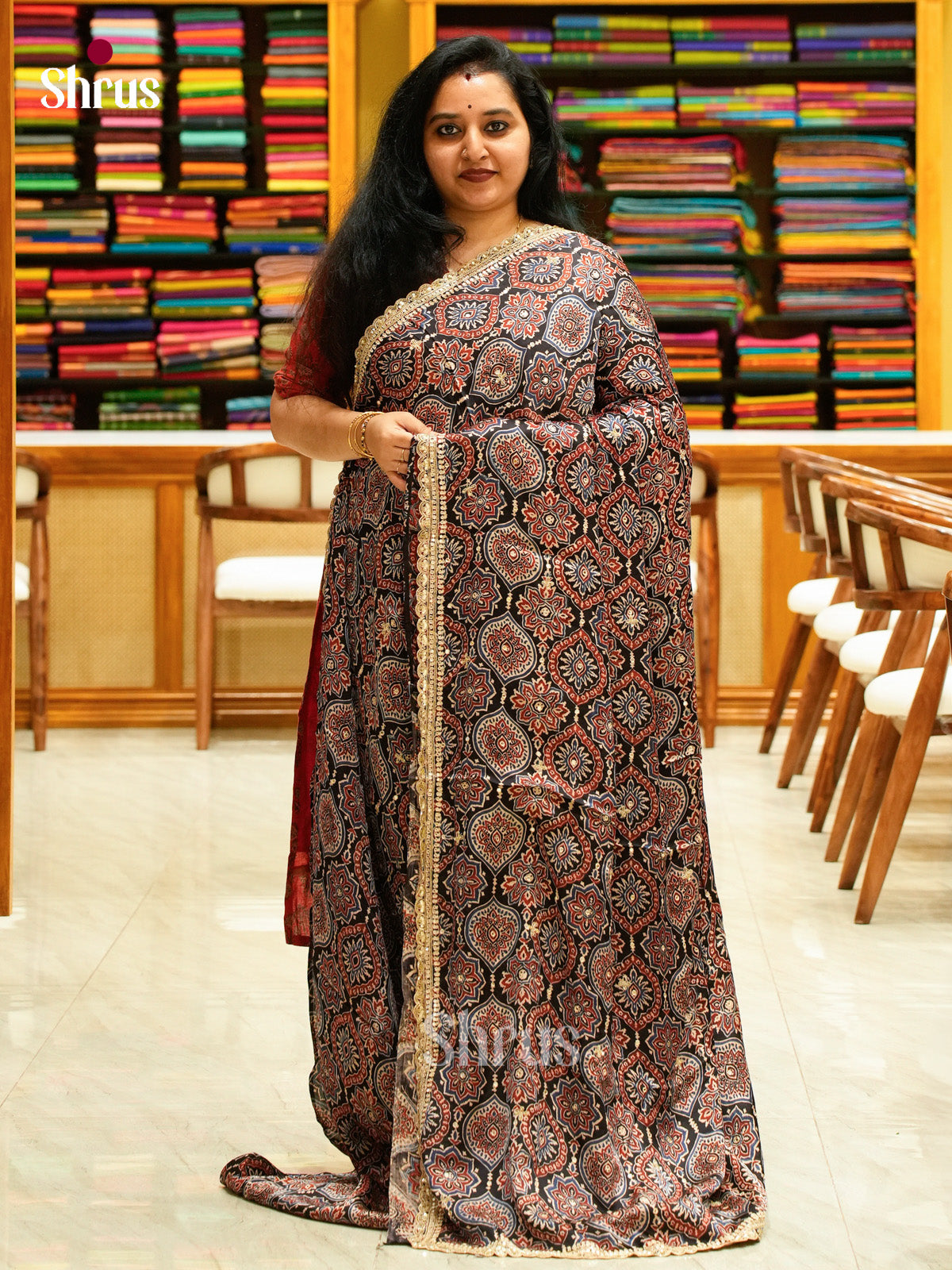 Black Modal Silk Saree — Ajrakh Hand Block Print — EGS01079