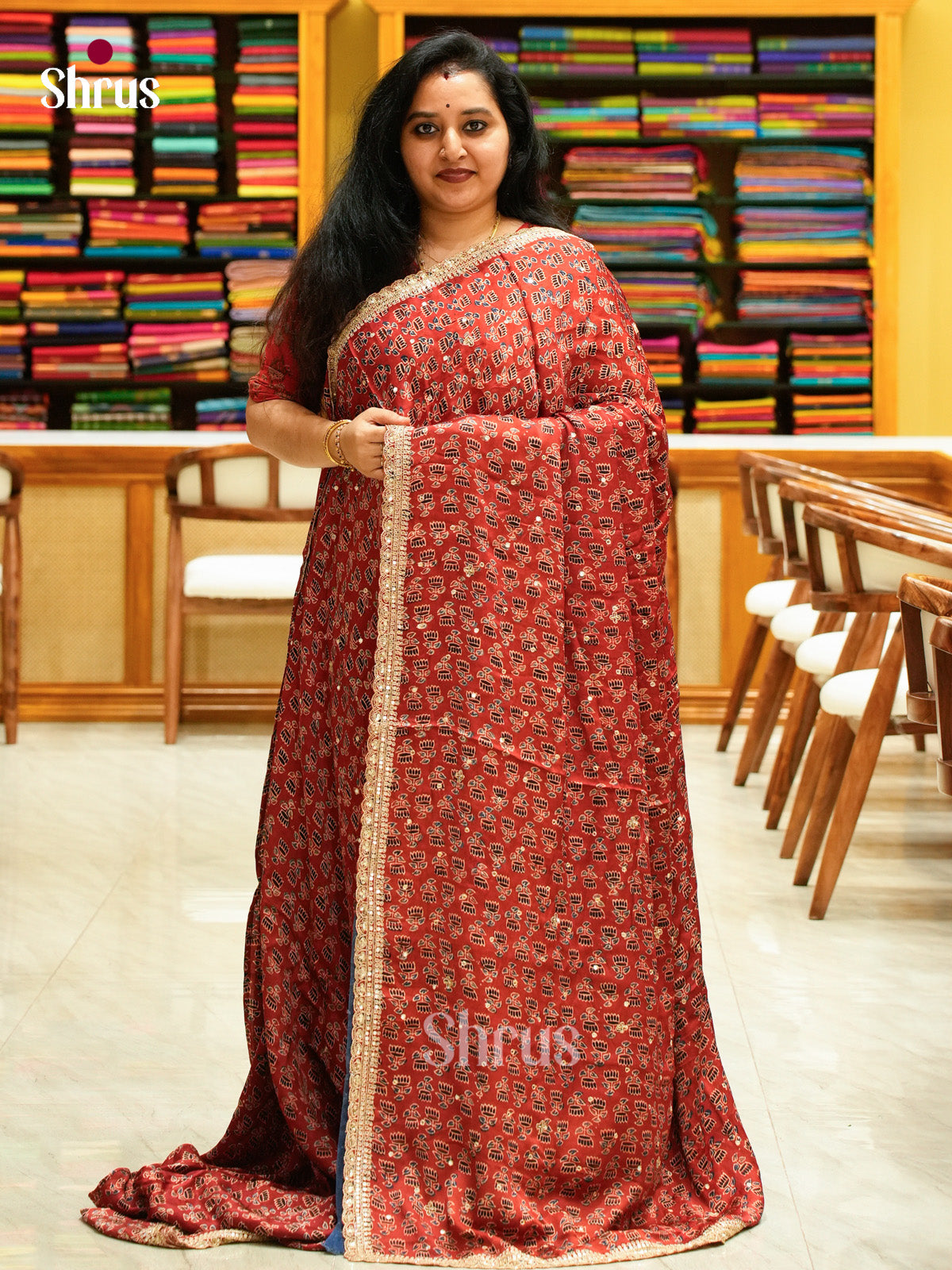 Red Modal Silk Saree — Ajrakh Hand Block Print — EGS01081 - Shop on Shrus.com