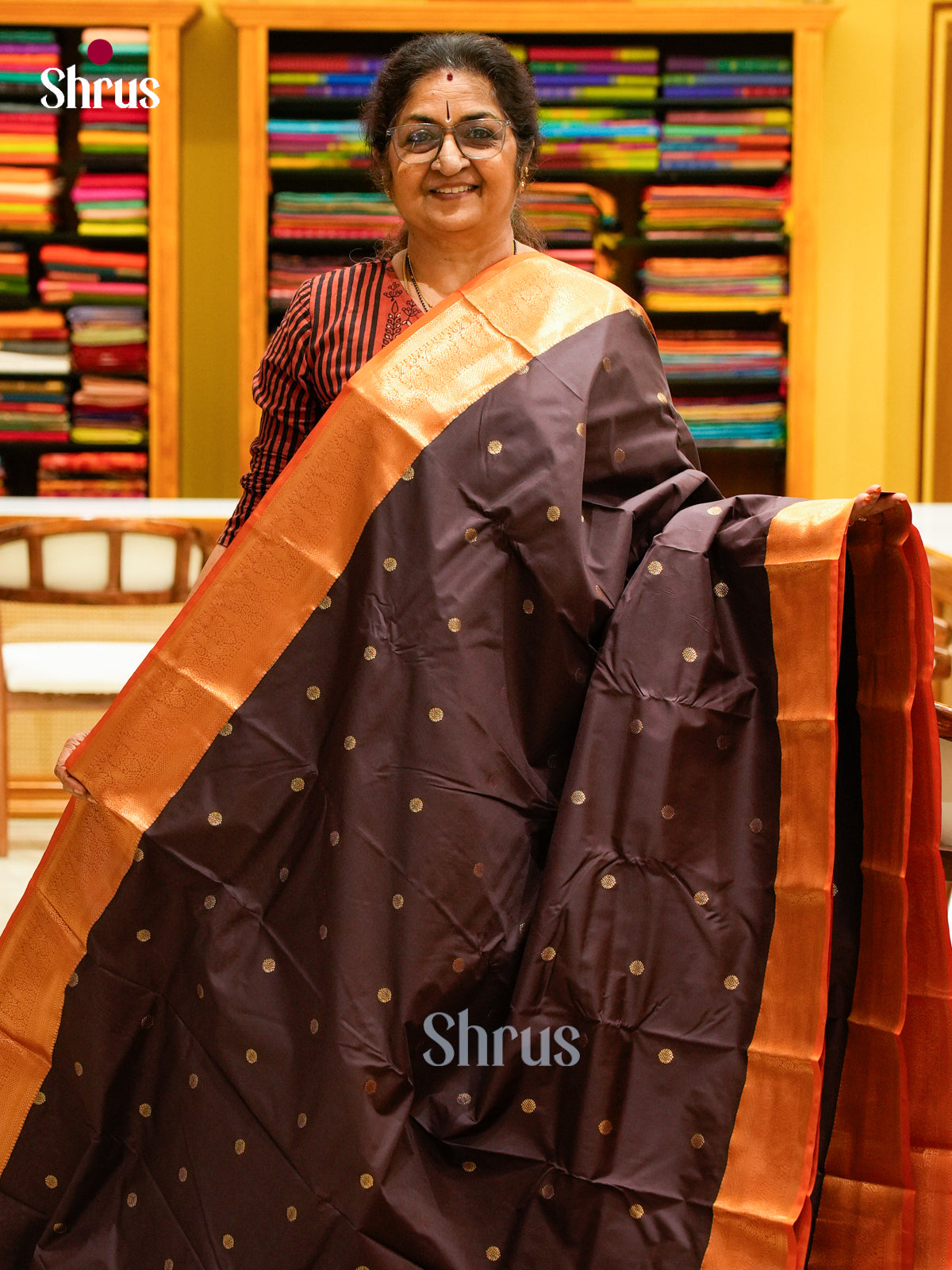 Dark Brown Halfpure Kanchipuram Silk Saree with Floral Buttas | Orange Contrast Border