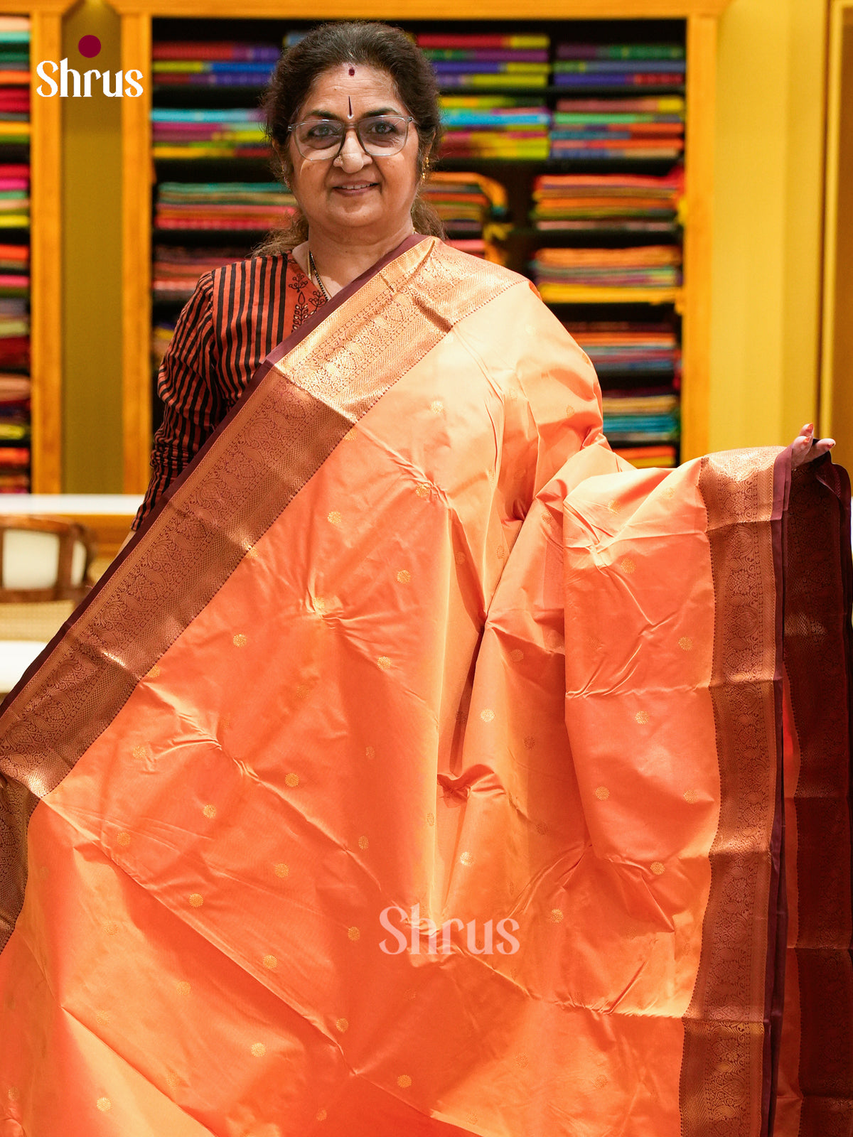 Peach Halfpure Kanchipuram Silk Saree with Floral Buttas | Maroon Contrast Border