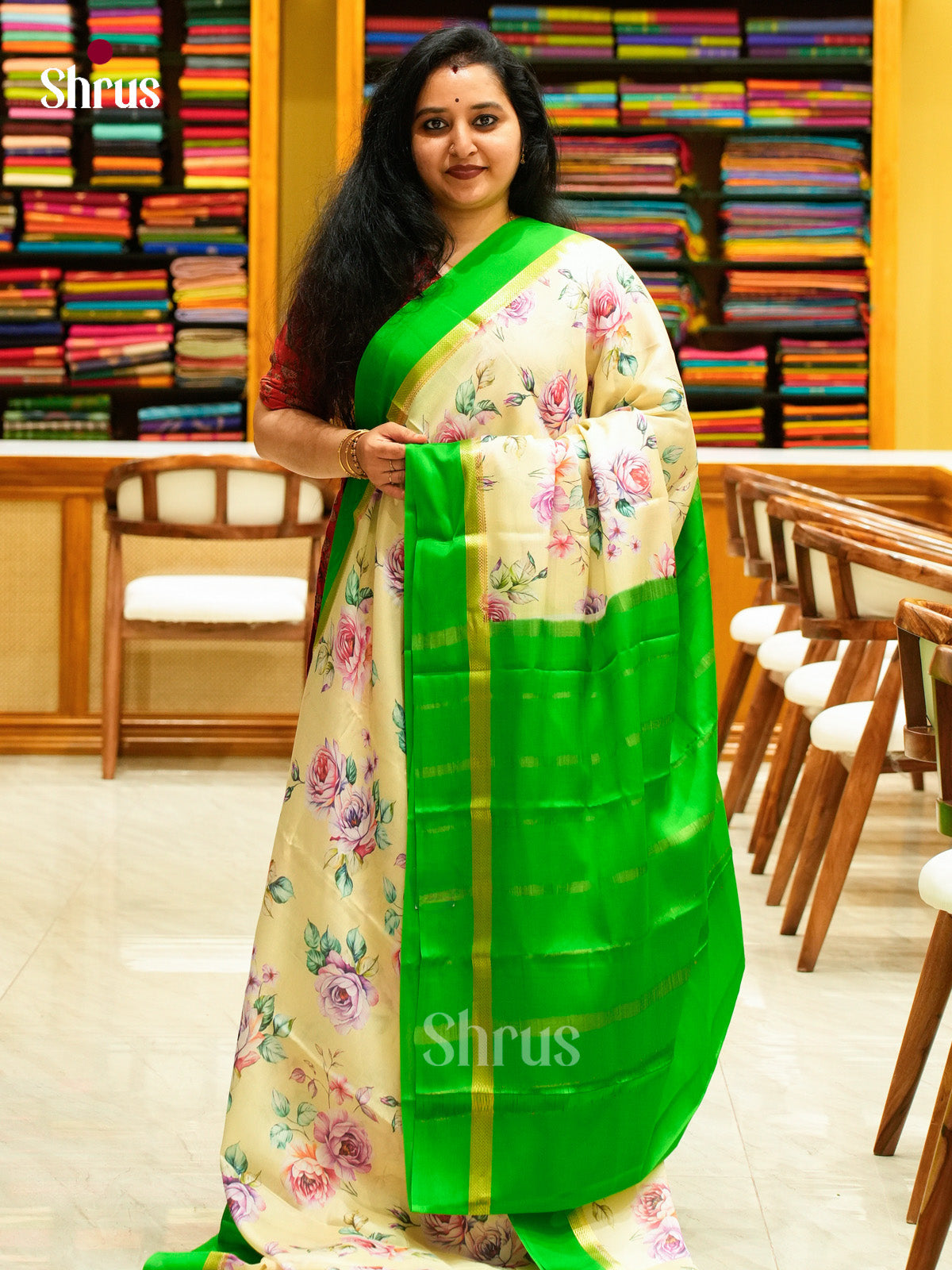 Cream Mysore Silk Saree with Floral Buttas | Parrot Green Contrast Border - Shop on Shrus.com