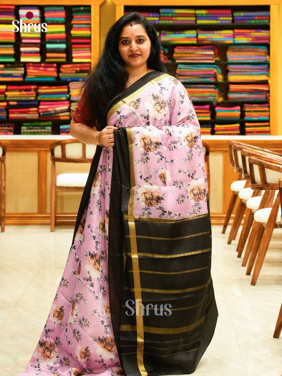 Purple Mysore Silk Saree with Floral Buttas | Black Contrast Border — Contrast Border with Motifs - Shop on Shrus.com