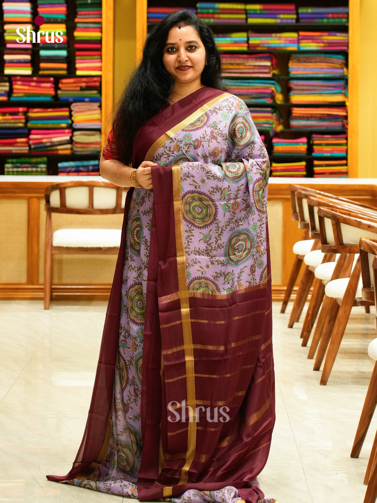 Purple Mysore Silk Saree with Floral Buttas | Maroon Contrast Border — Contrast Border with Motifs