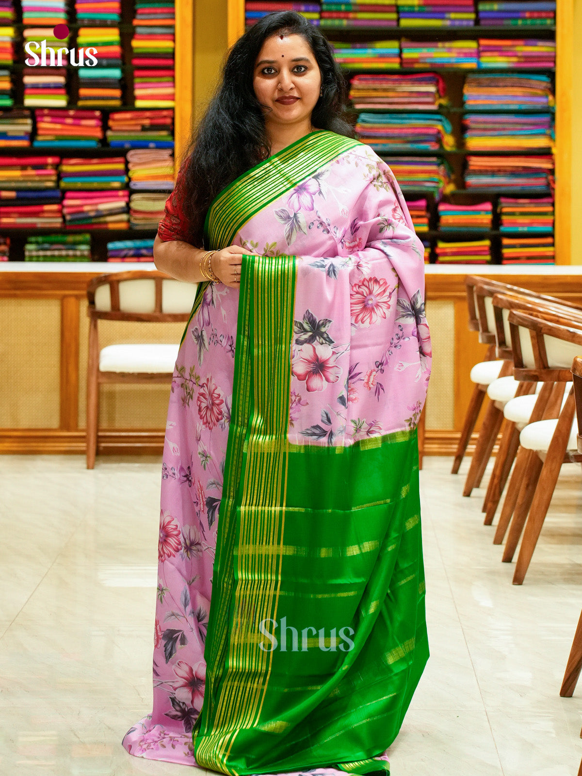 Purple Mysore Silk Saree with Floral Buttas | Green Contrast Border