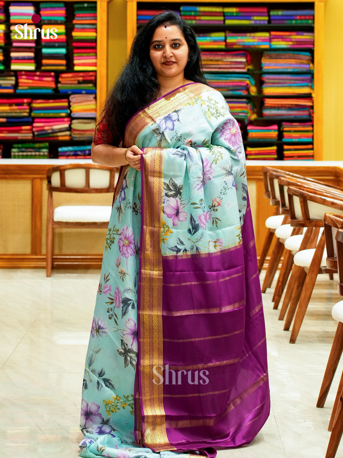 Sky Blue Mysore Silk Saree with Floral Buttas | Violet Contrast Border — EGS02017 - Shop on Shrus.com