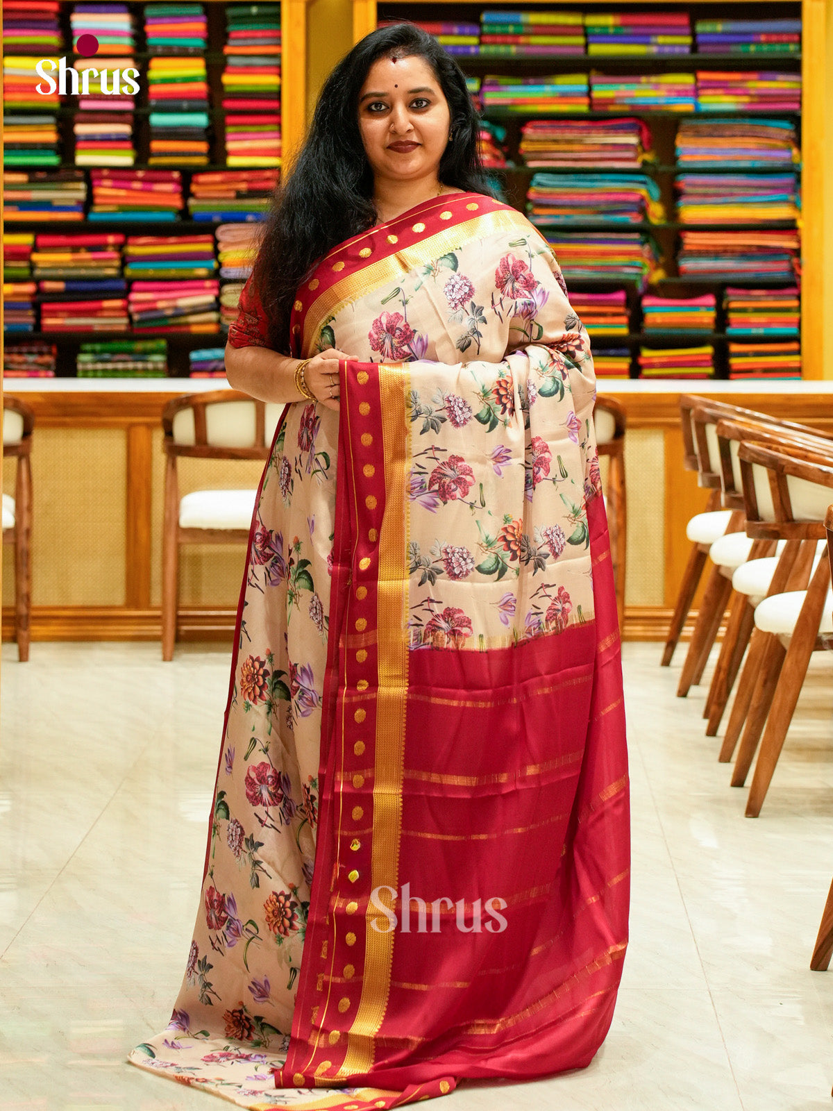 Cream Mysore Silk Saree with Floral Buttas | Red Contrast Border — Contrast Border with Motifs - Shop on Shrus.com