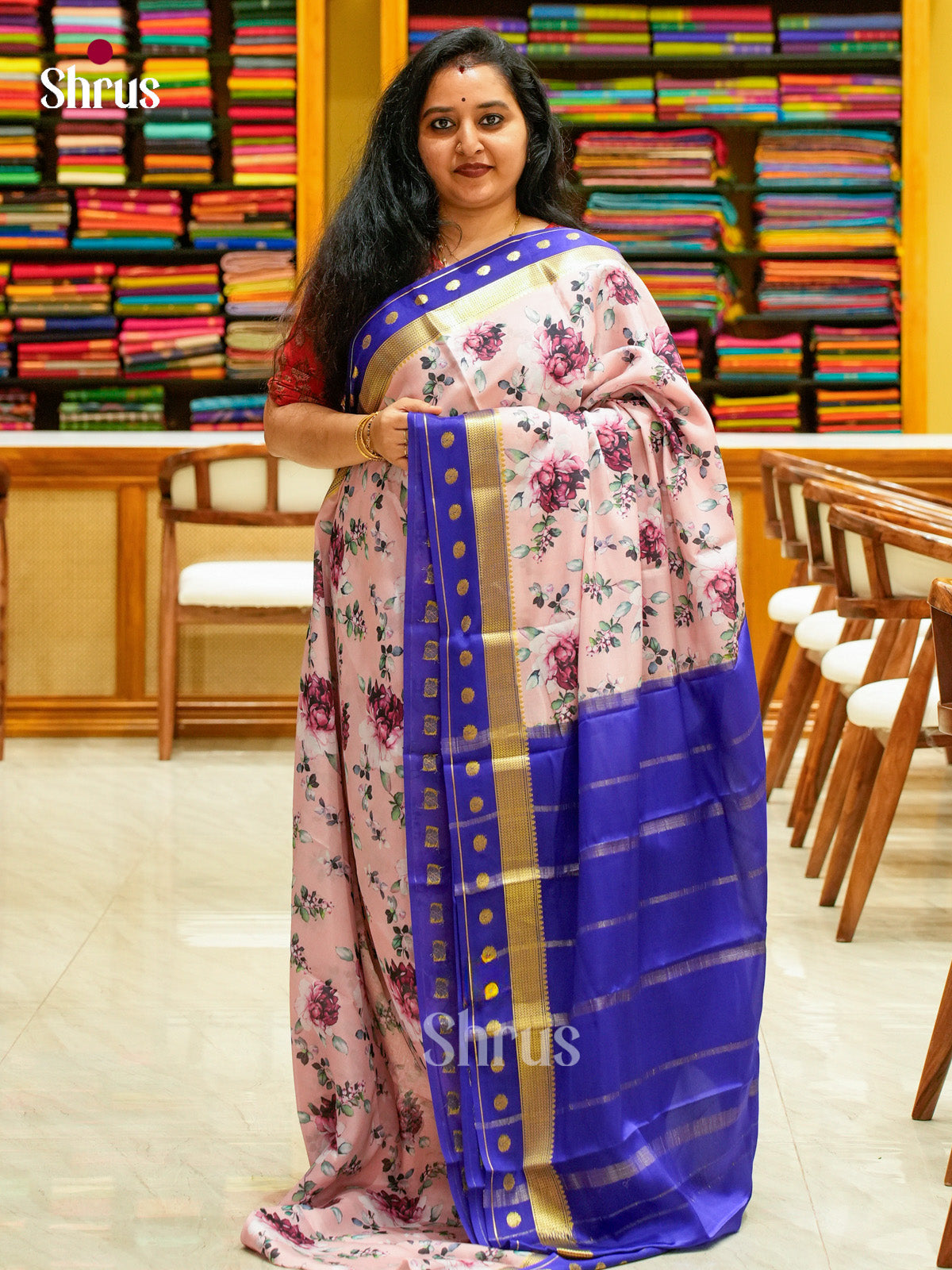 Baby Pink Mysore Silk Saree with Floral Buttas | Blue Contrast Border - Shop on Shrus.com