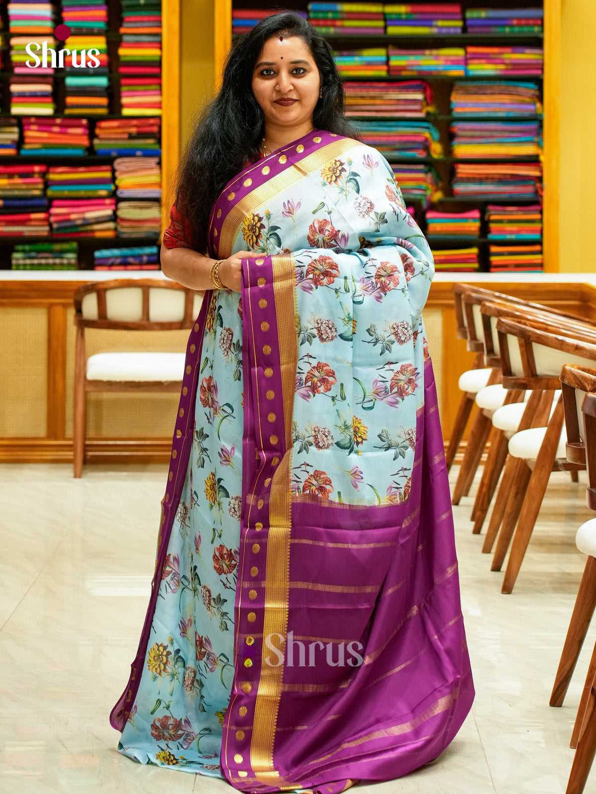 Sky Blue Mysore Silk Saree with Floral Buttas | Violet Contrast Border - Shop on Shrus.com