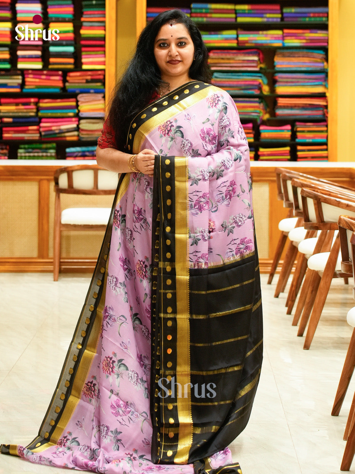 Purple Mysore Silk Saree with Floral Buttas | Black Contrast Border - Shop on Shrus.com
