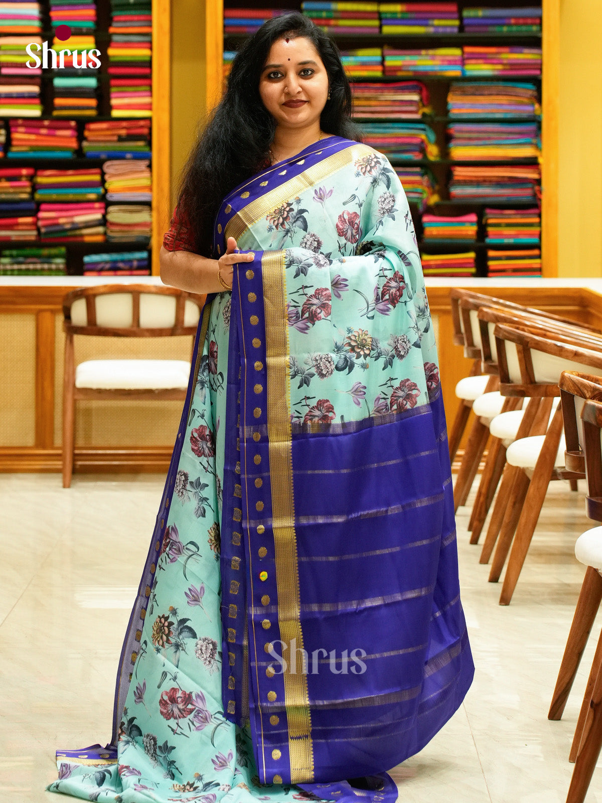 Sky Blue Mysore Silk Saree with Floral Buttas | Royal Blue Contrast Border - Shop on Shrus.com