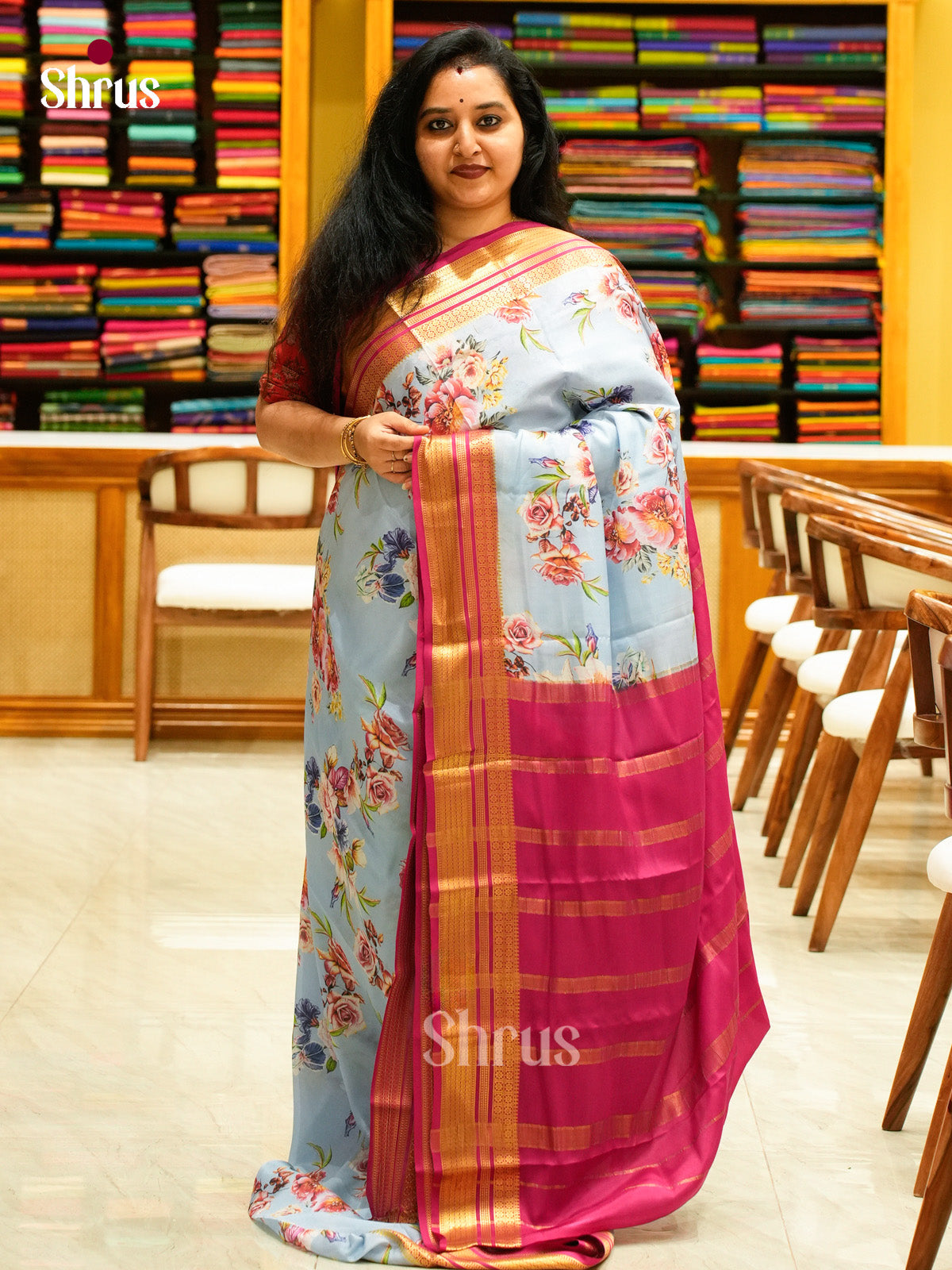 Sky Blue Mysore Silk Saree with Floral Buttas | Pink Contrast Border — Contrast Border with Motifs - Shop on Shrus.com