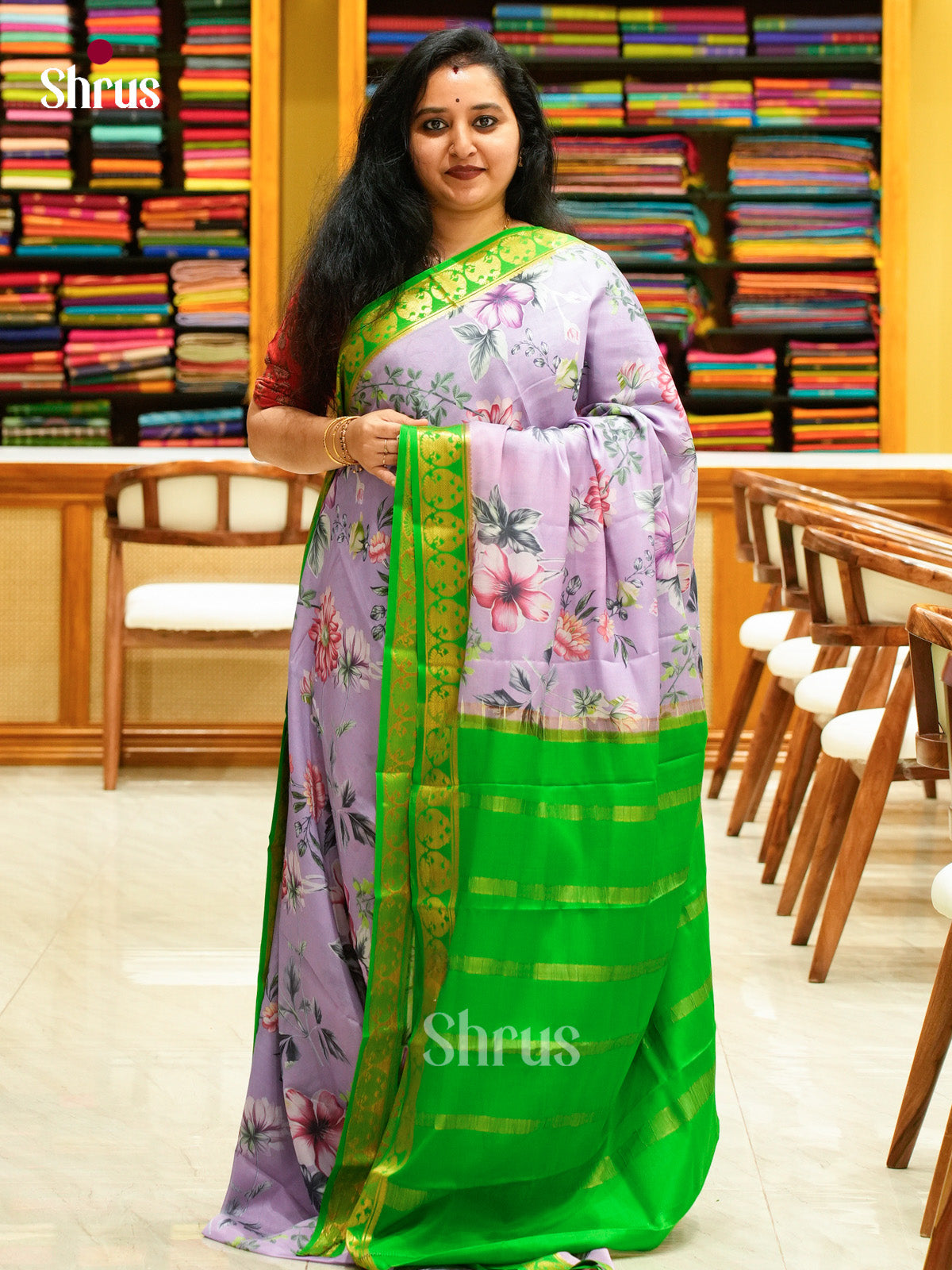 Purple Mysore Silk Saree with Floral Buttas | Parrot Green Contrast Border - Shop on Shrus.com