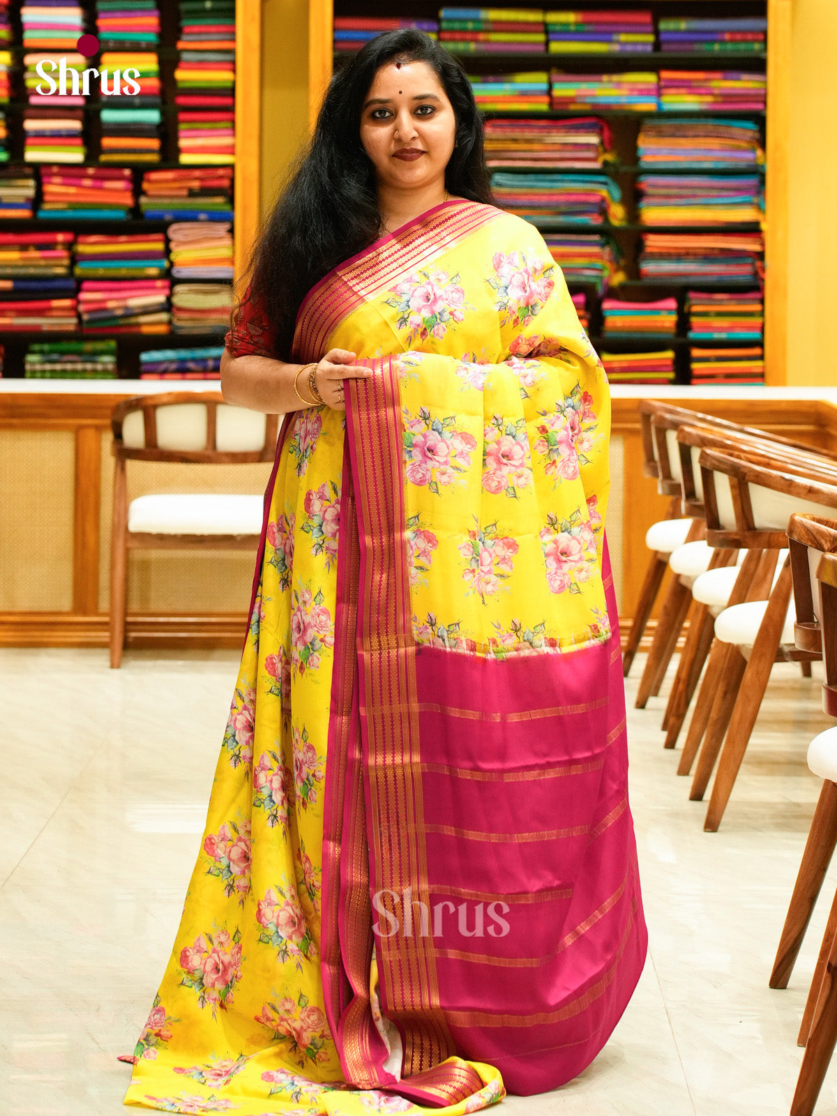 Lemon Yellow Mysore Silk Saree with Floral Buttas | Pink Contrast Border - Shop on Shrus.com