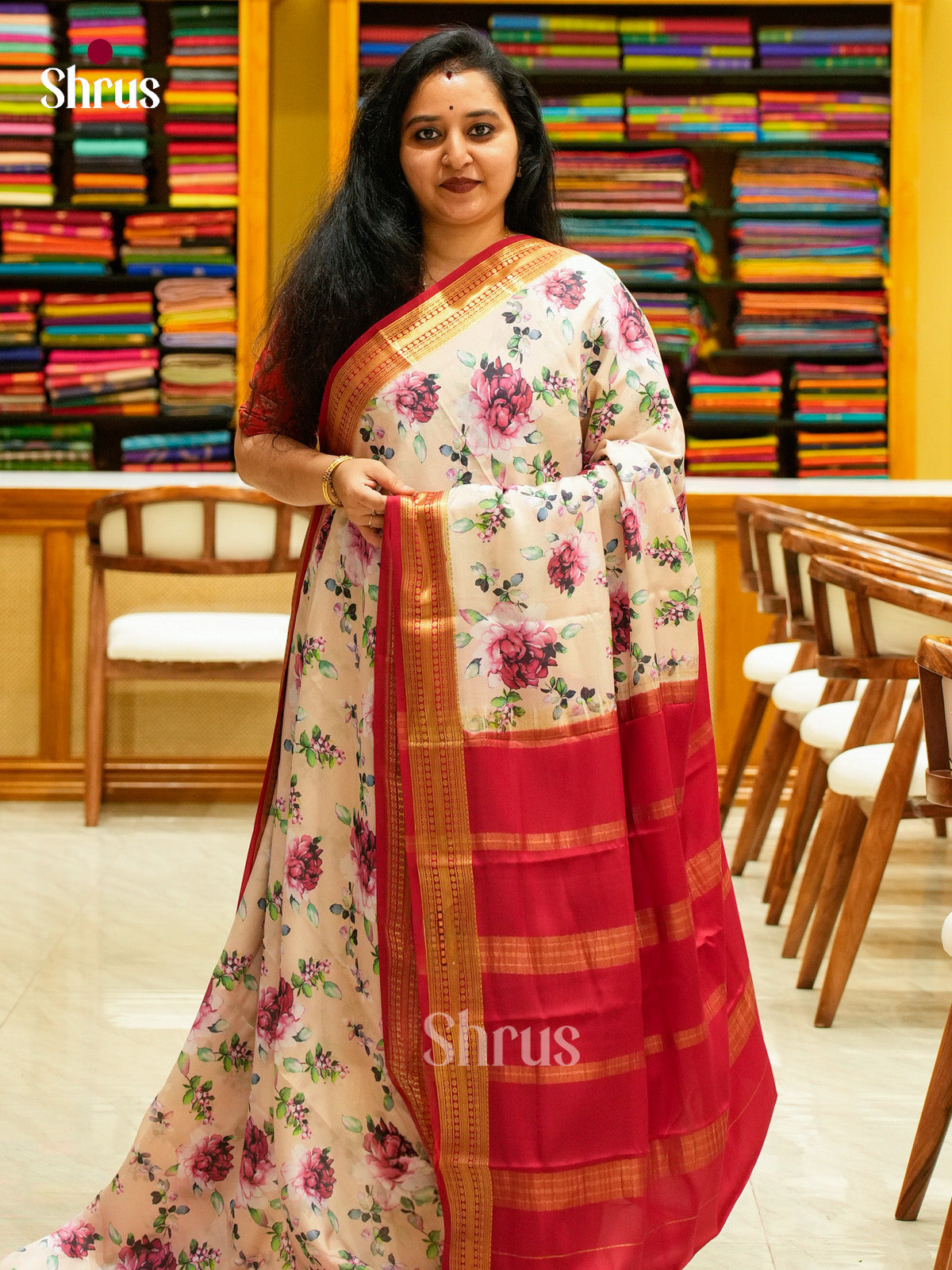 Cream Mysore Silk Saree with Floral Buttas | Red Contrast Border — EGS02035 - Shop on Shrus.com