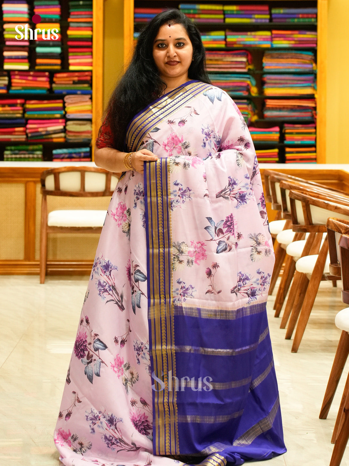 Purple Mysore Silk Saree with Floral Buttas | Blue Contrast Border
