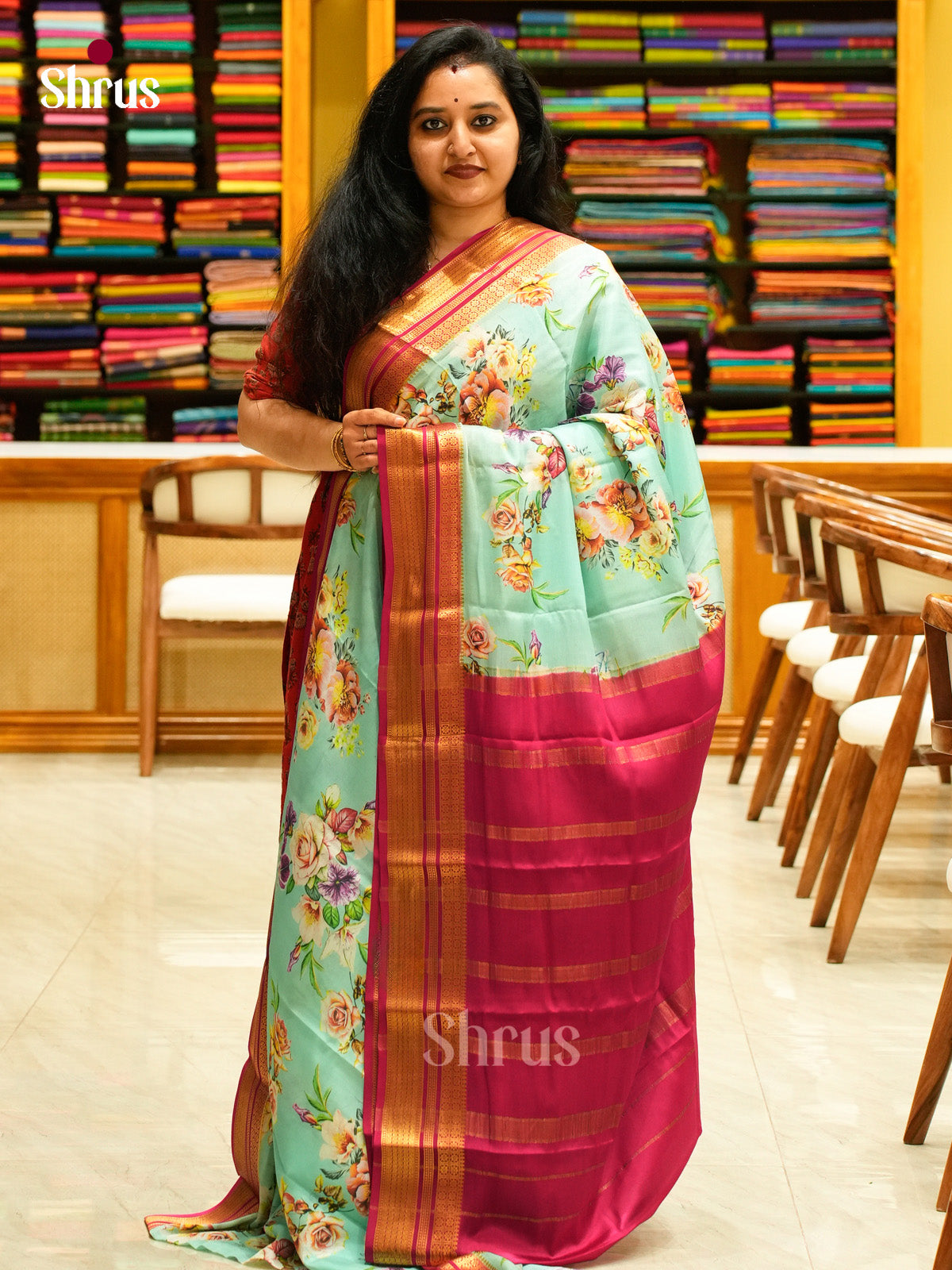 Sky Blue Mysore Silk Saree with Floral Buttas | Pink Contrast Border - Shop on Shrus.com