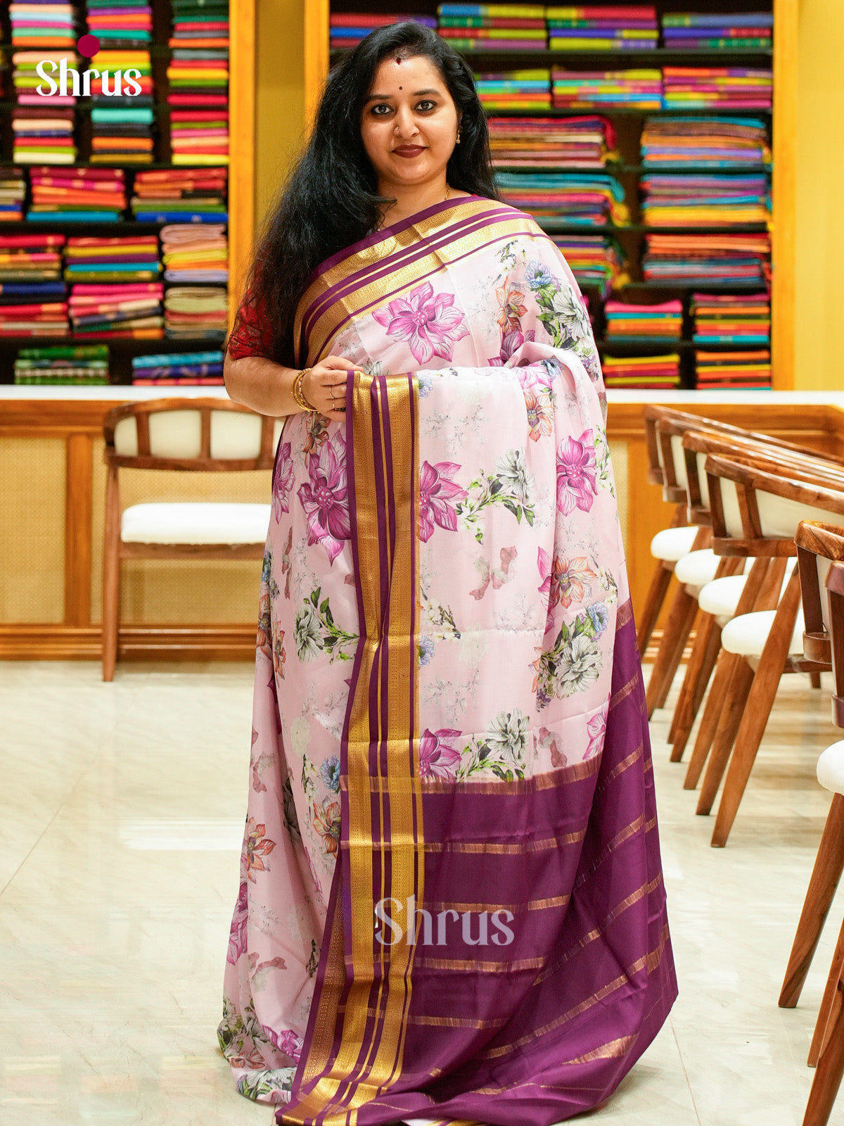 Purple Mysore Silk Saree with Floral Buttas | Magenta Contrast Border — Contrast Border with Motifs - Shop on Shrus.com