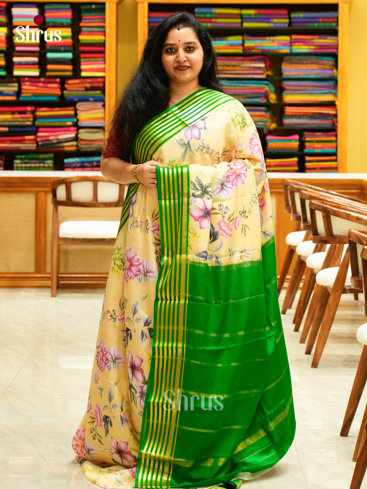Lime Green Mysore Silk Saree with Floral Buttas | Dark Green Contrast Border
