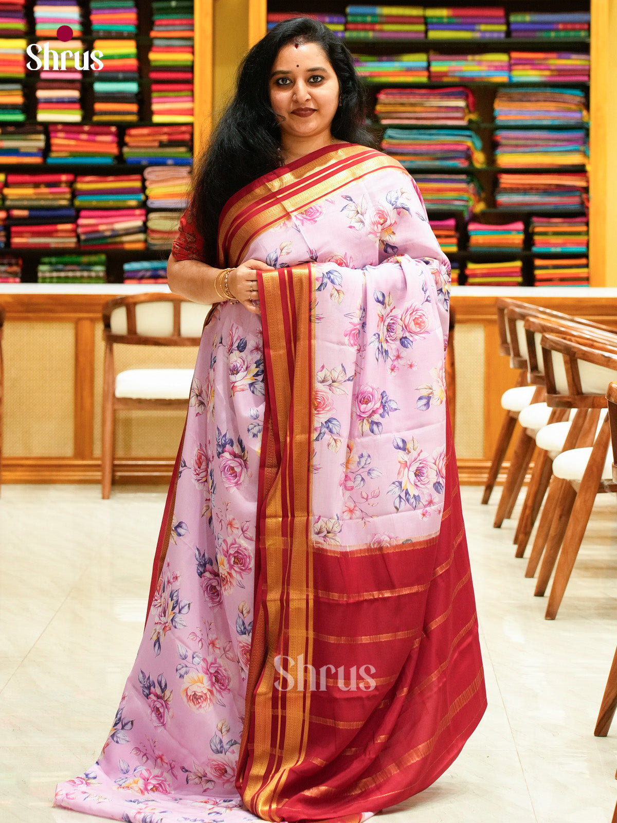 Purple Mysore Silk Saree with Floral Buttas | Red Contrast Border