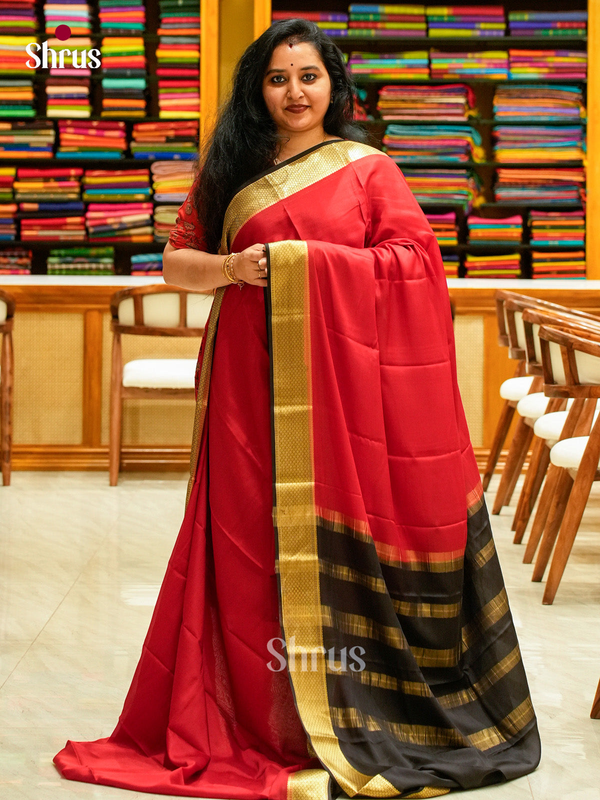 Red Mysore Silk Saree | Black Contrast Border — EGS02051 - Shop on Shrus.com
