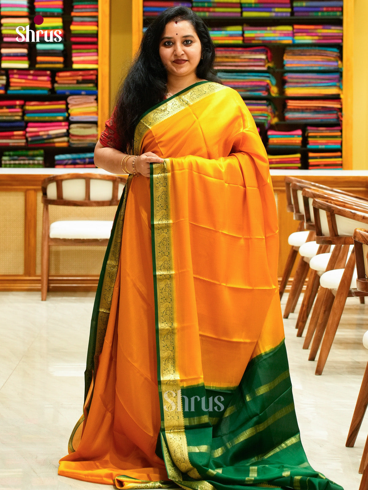 Mango Yellow Mysore Silk Saree | Green Contrast Border