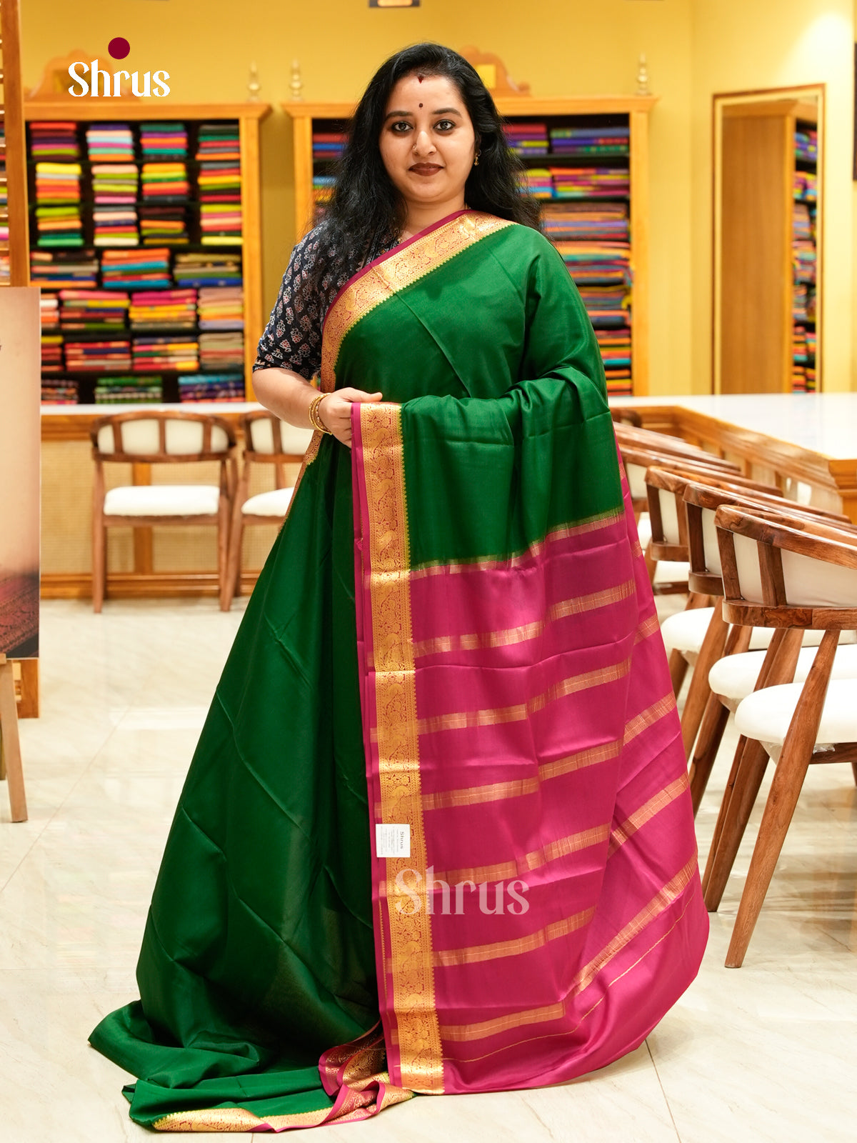 Dark Green Mysore Silk Saree | Pink Contrast Border