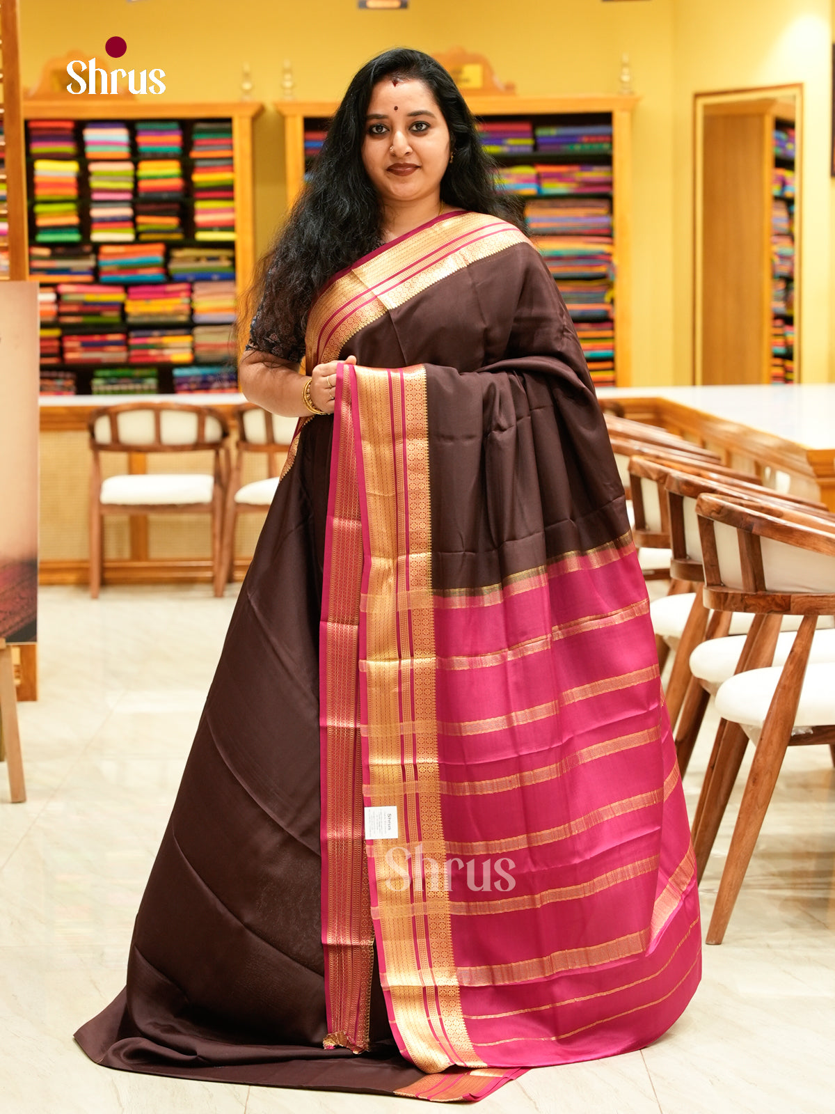 Dark Brown Mysore Silk Saree | Pink Contrast Border — EGS02061
