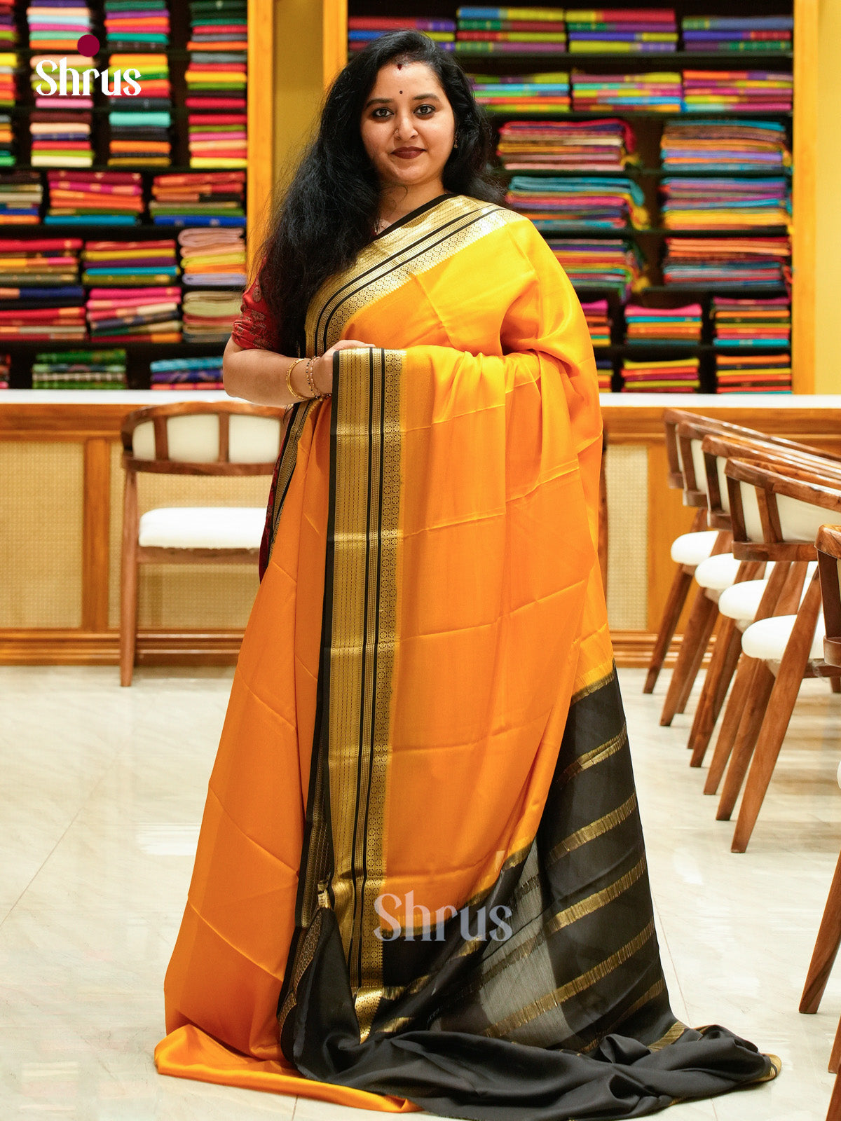 Mustard Mysore Silk Saree | Black Contrast Border - Shop on Shrus.com