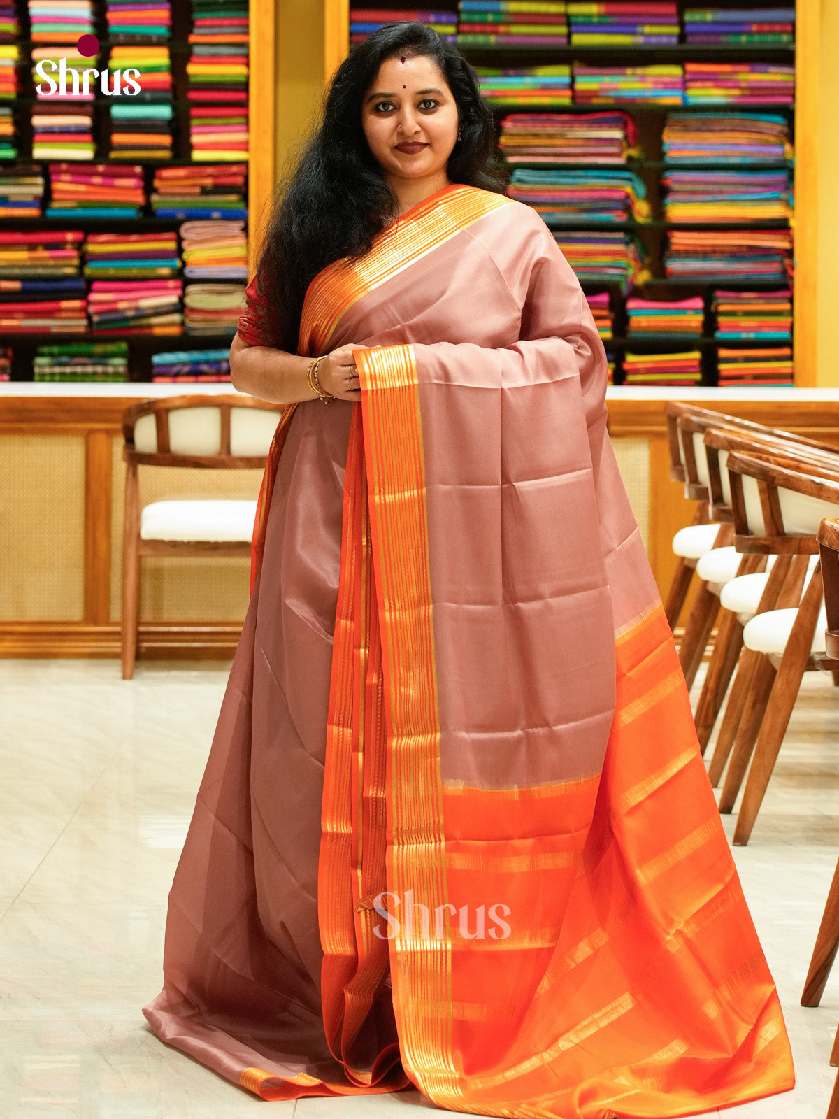 Onion Pink Mysore Silk Saree | Rust Orange Contrast Border