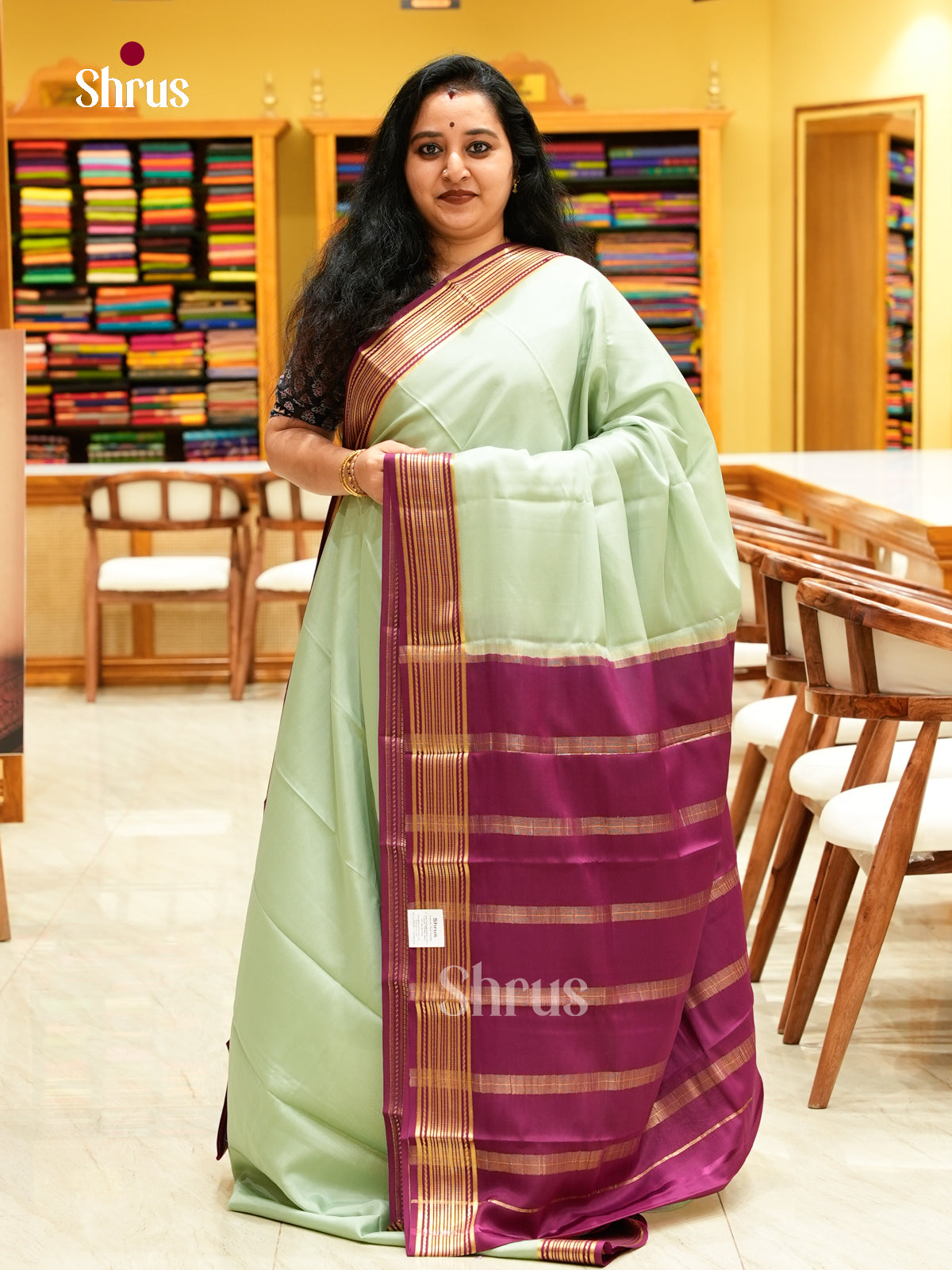 Pista Green Mysore Silk Saree | Magenta Contrast Border