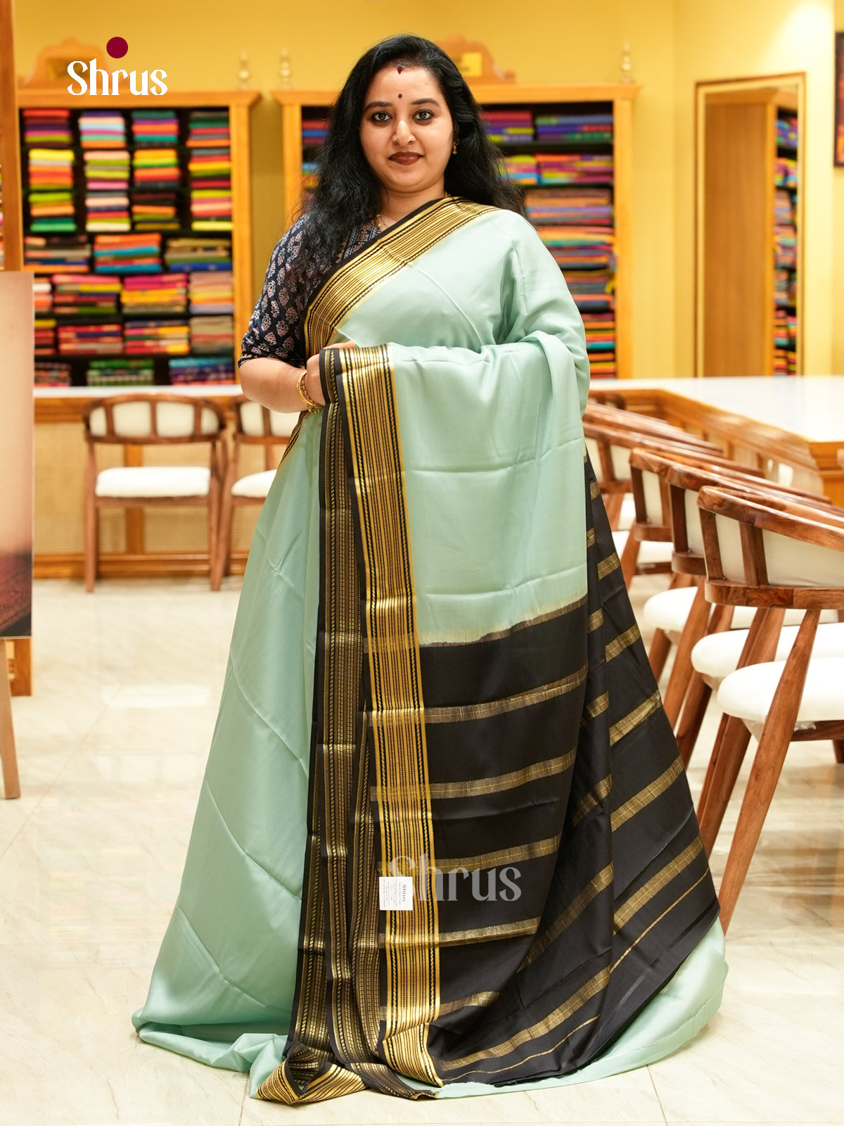 Pista Green Mysore Silk Saree | Black Contrast Border