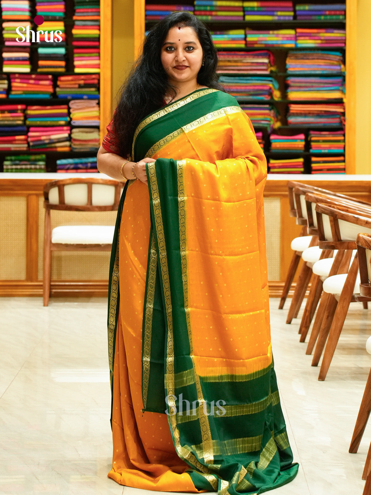 Mustard Mysore Silk Saree with Floral Buttas | Green Contrast Border
